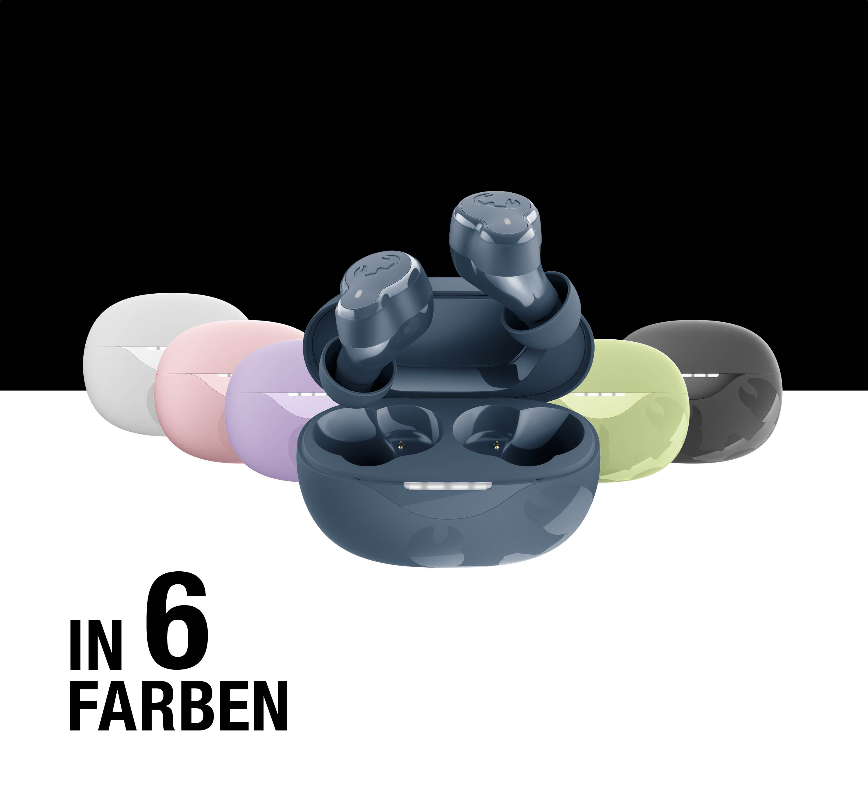 Sechs verschiedene farbige Ohrhörer mit Ladecase liegen nebeneinander.