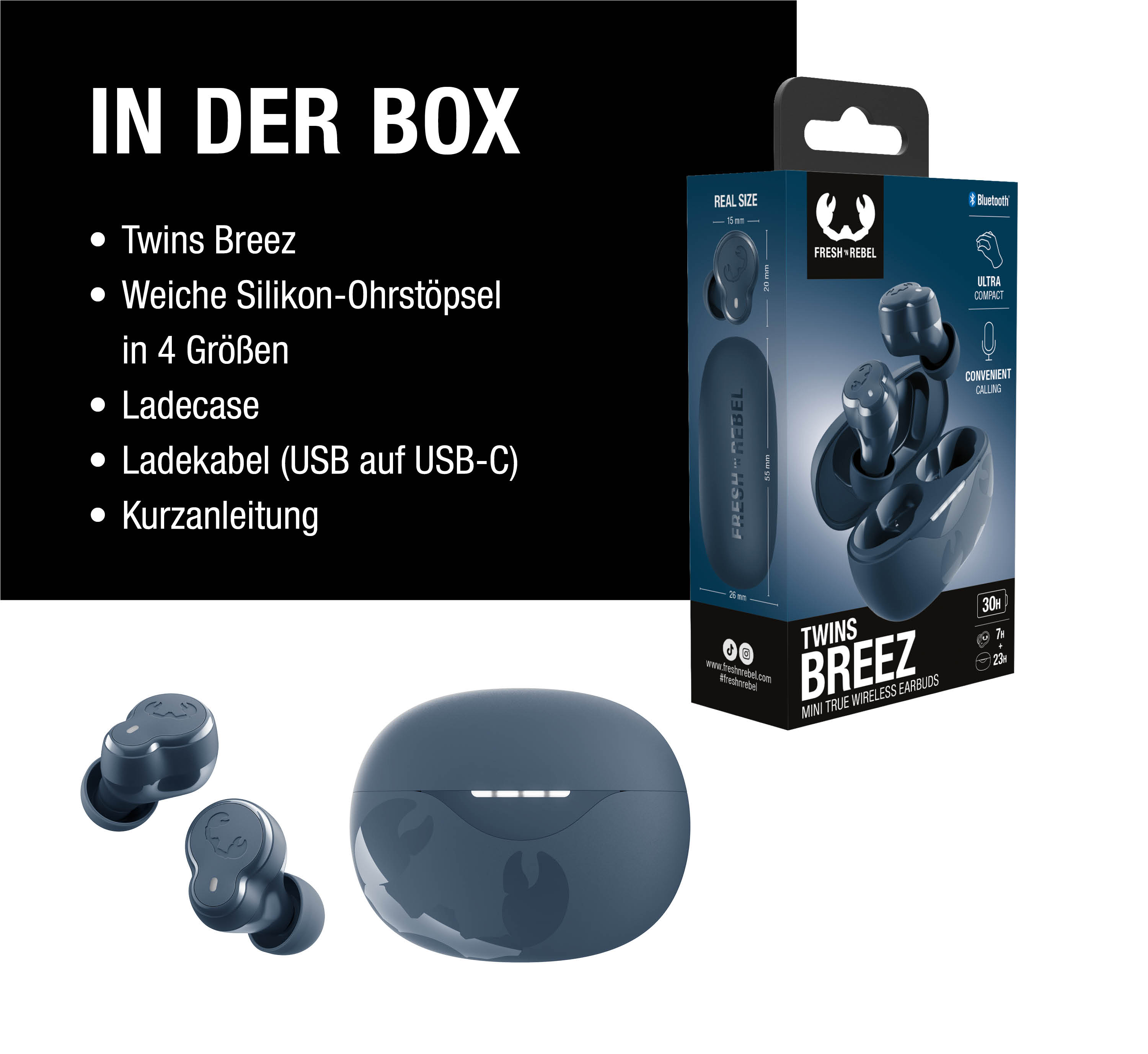 Blauer Kasten mit Kopfhörern. Enthält Twins Breez, Ohrstöpsel, Ladekabel, Anleitung.