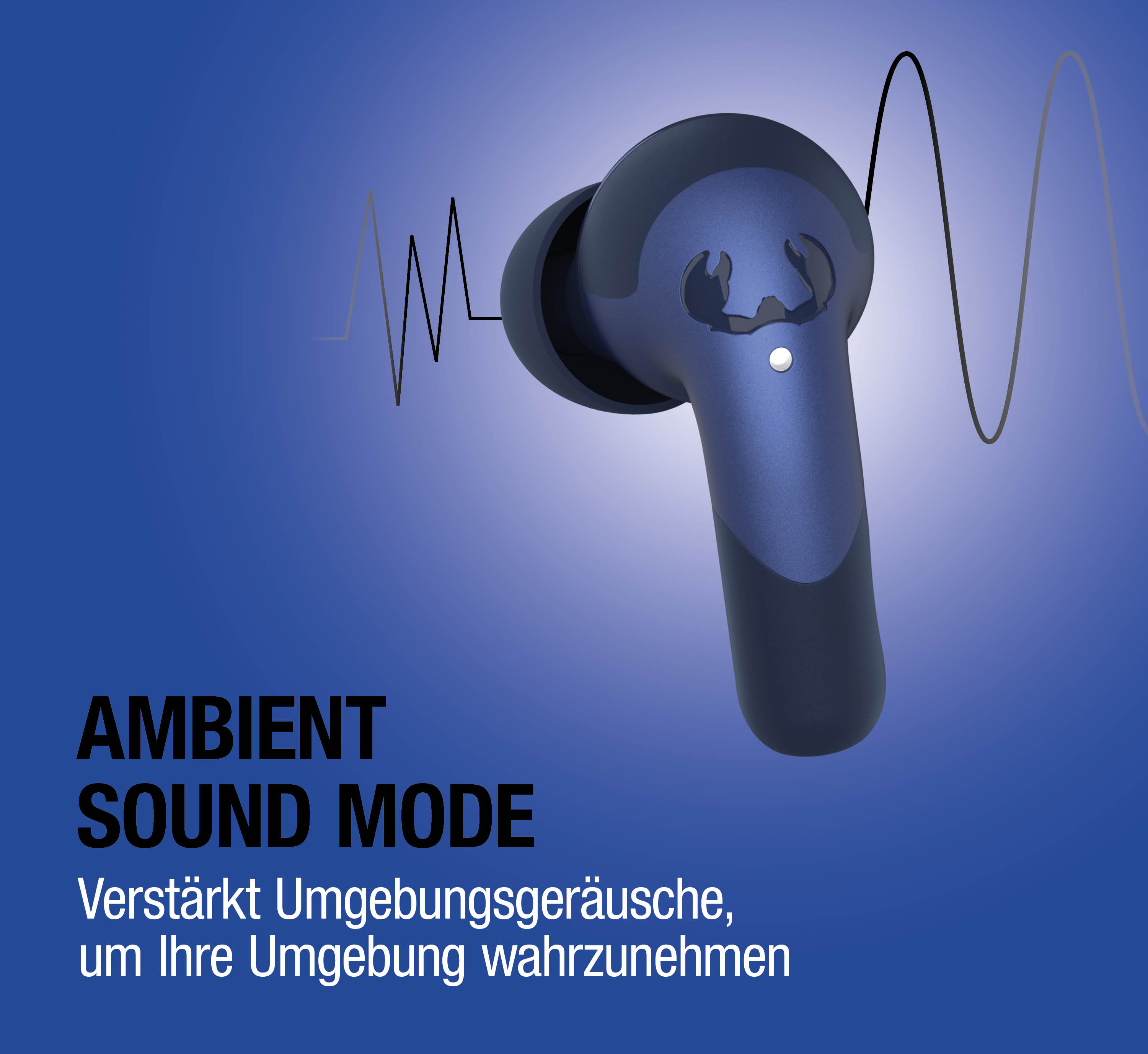 Eine blaue Ohrhörer mit einem Logo und Schallwellen auf blauem Hintergrund.