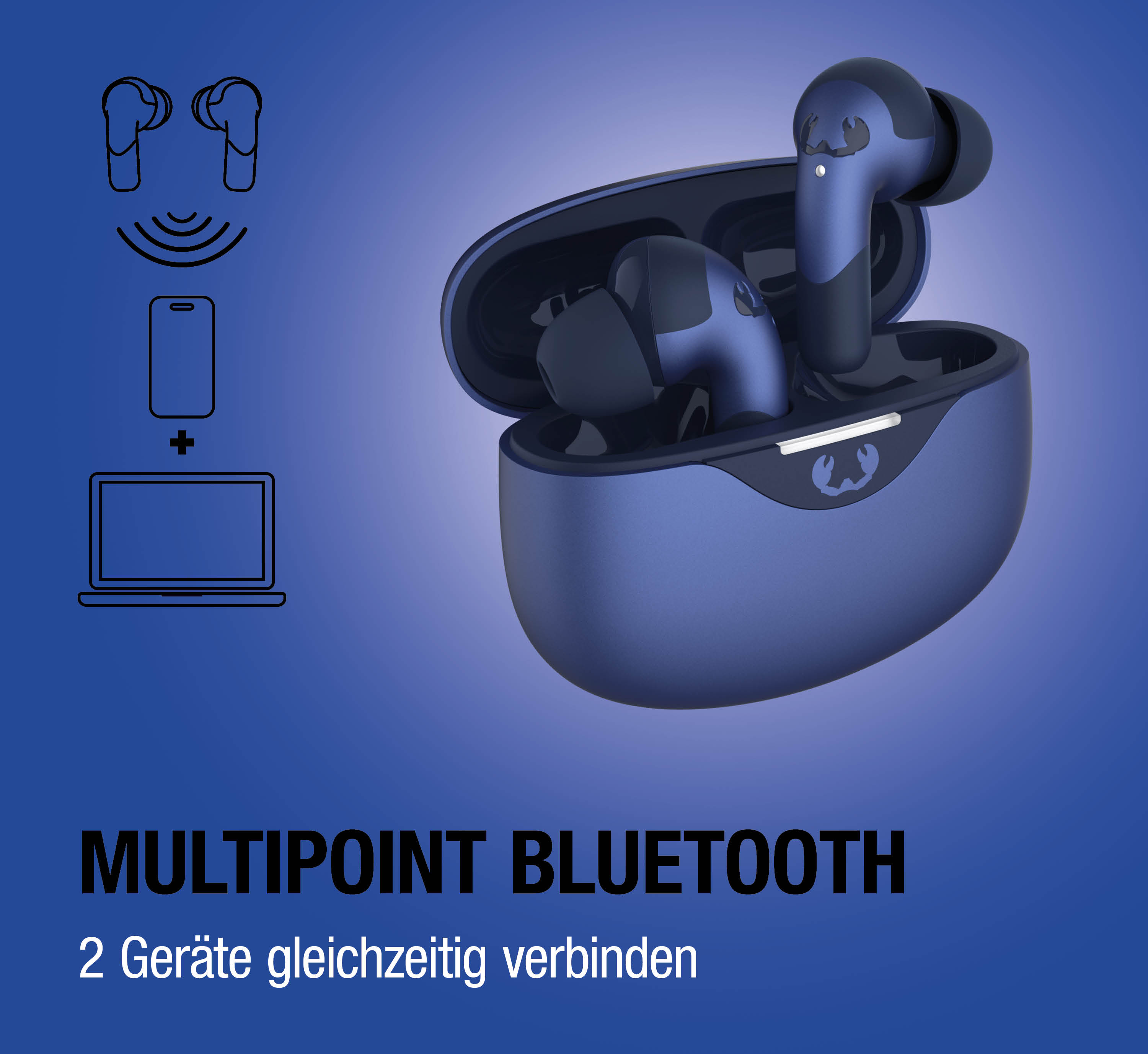 Blaue kabellose Ohrhörer im Ladecase mit Symbolen für Multipoint-Bluetooth-Verbindung.