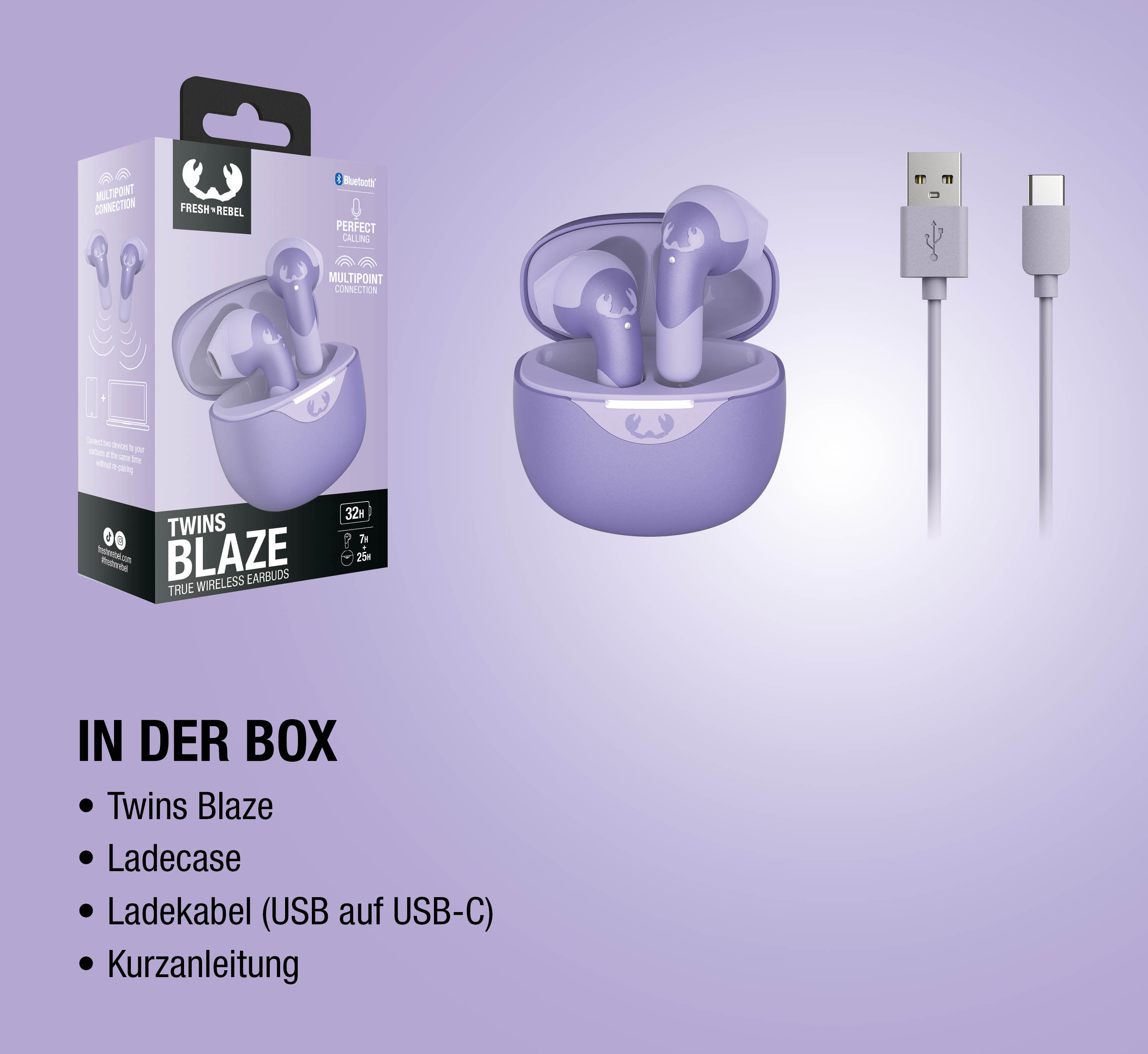 Lavendelfarbene True Wireless Kopfhörer mit Ladecase und Kabel.