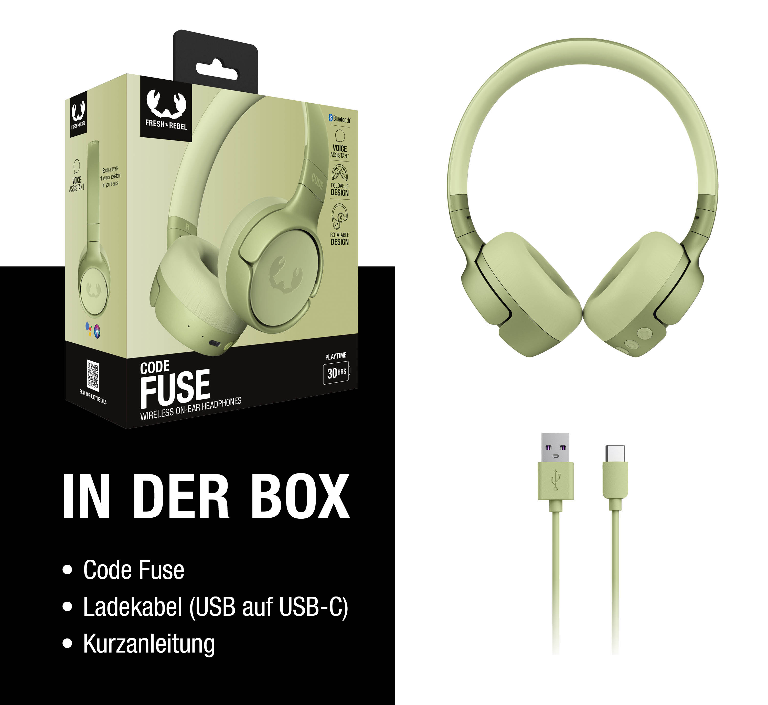 Unos auriculares verde claro con embalaje y cable de carga.
