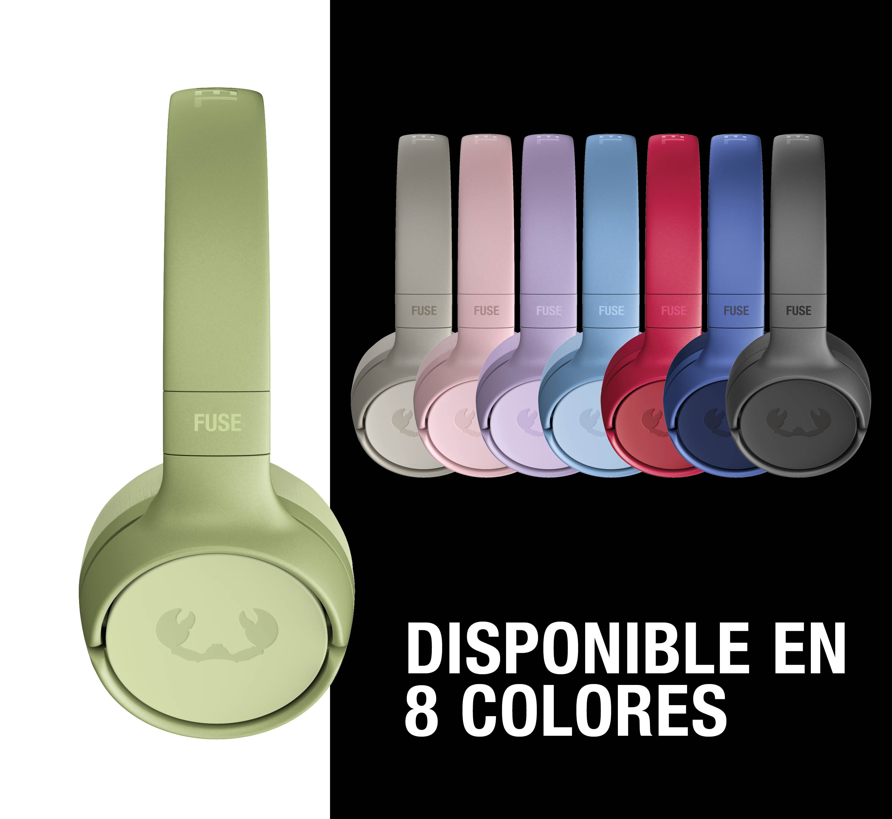 Auriculares en 8 colores: verde claro, gris, rosa, morado, azul, rojo, azul oscuro.