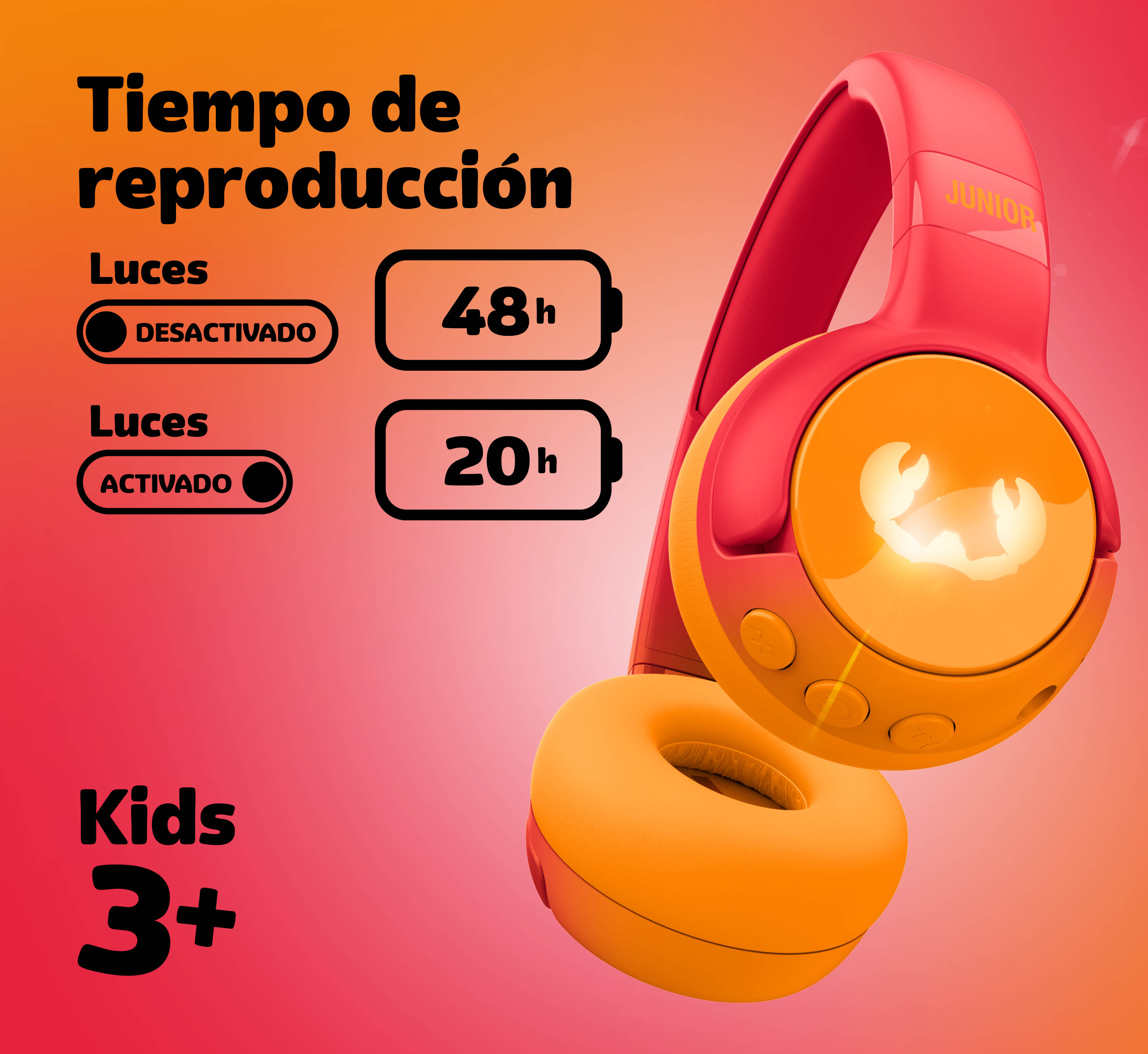 Auriculares rojos y naranjas con logo de cangrejo. Tiempo de reproducción: 48h/20h.