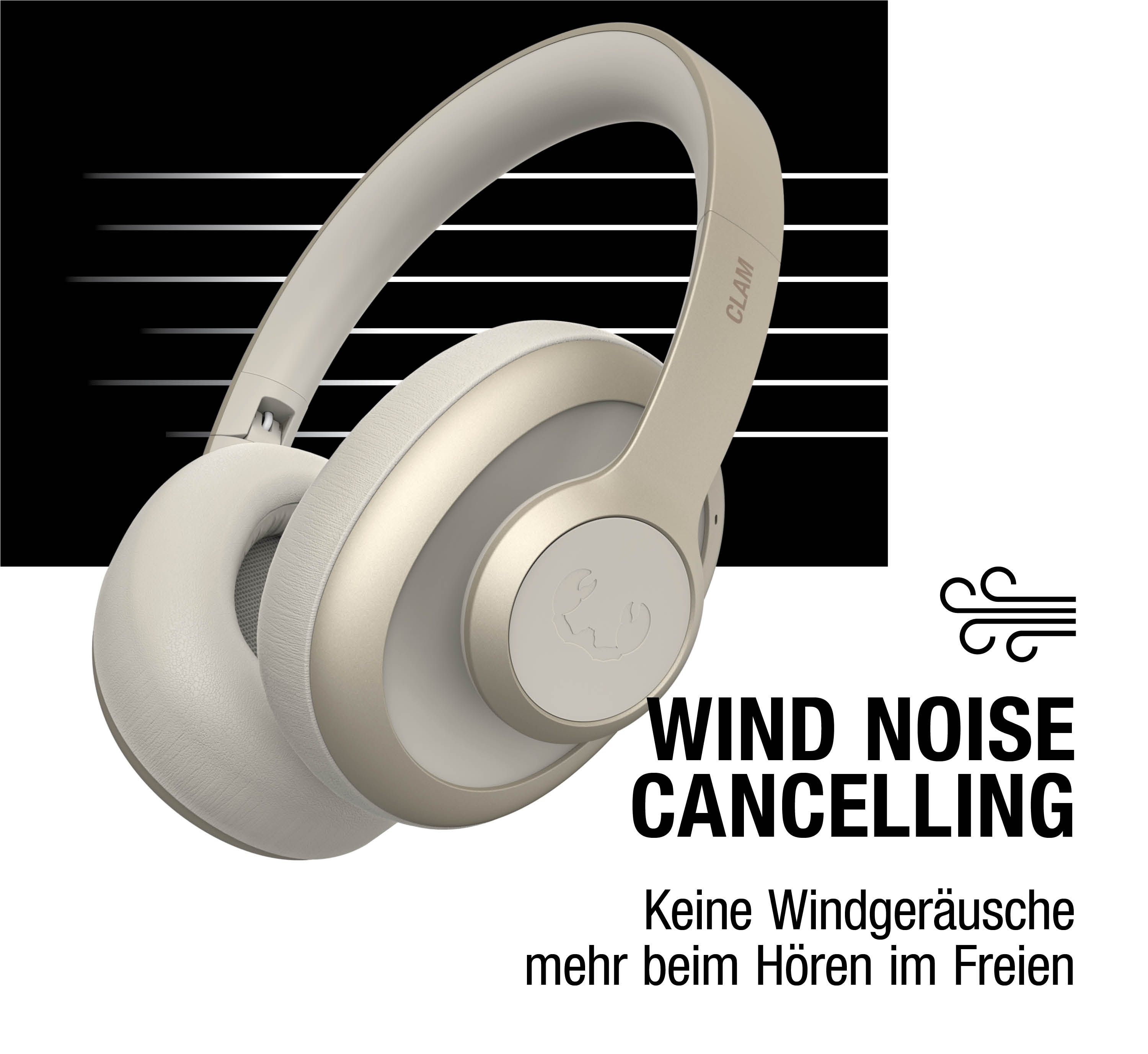 Cuffie beige con logo e testo Wind Noise Cancelling.