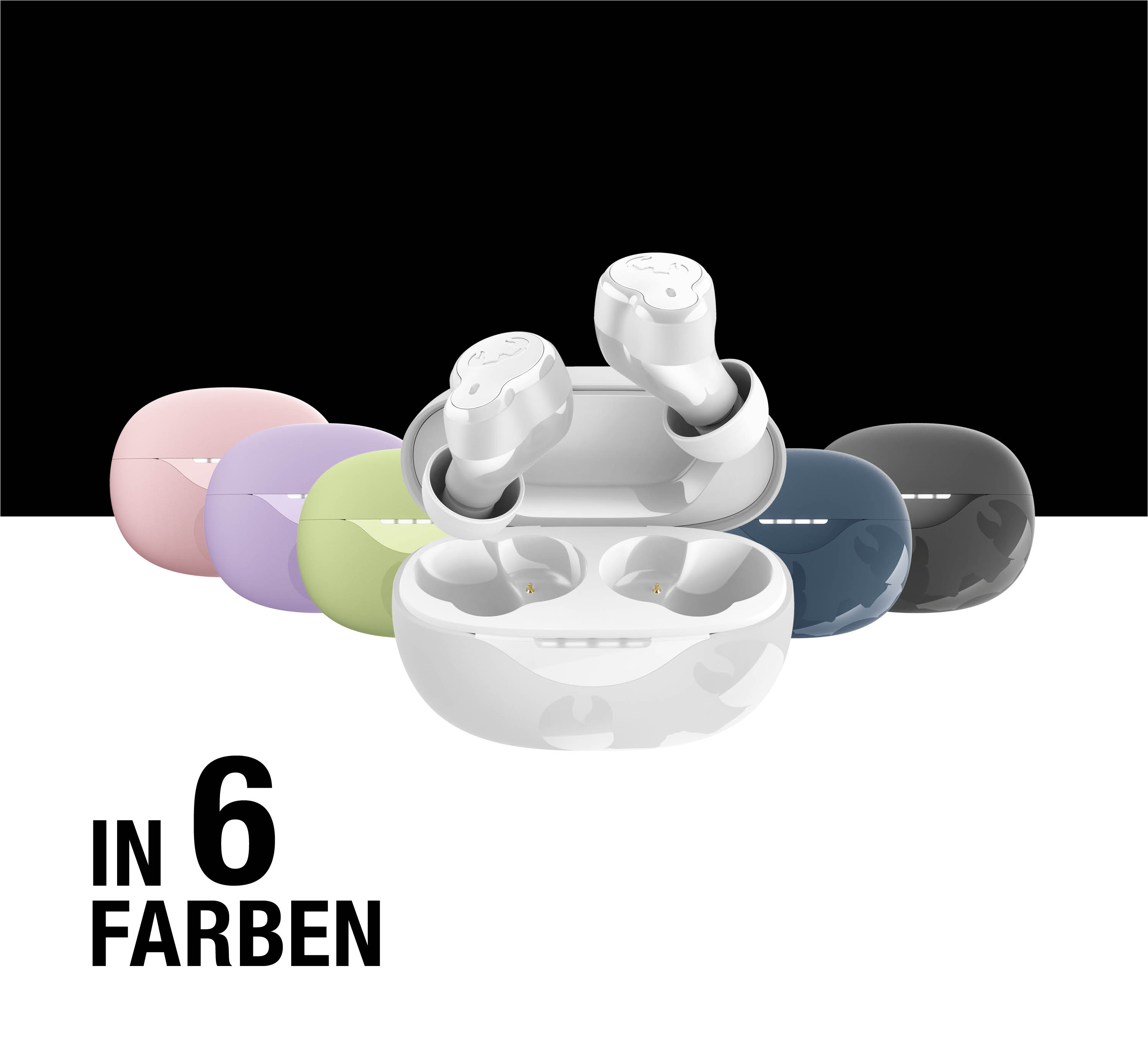 Weiße und bunte Ladehüllen für kabellose Ohrhörer, in sechs Farben.