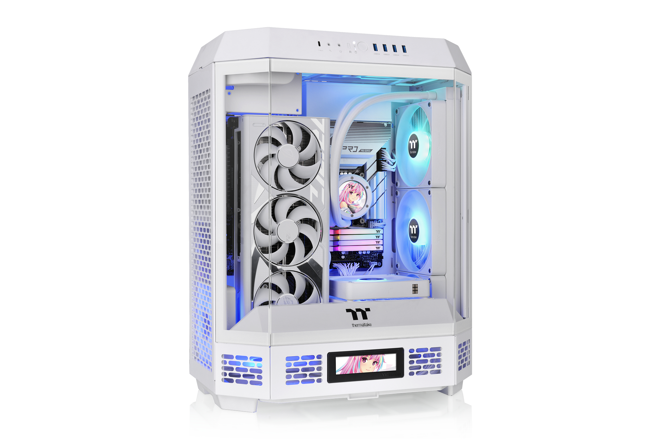 Case PC bianco con ventole RGB, raffreddamento a liquido e display anime.