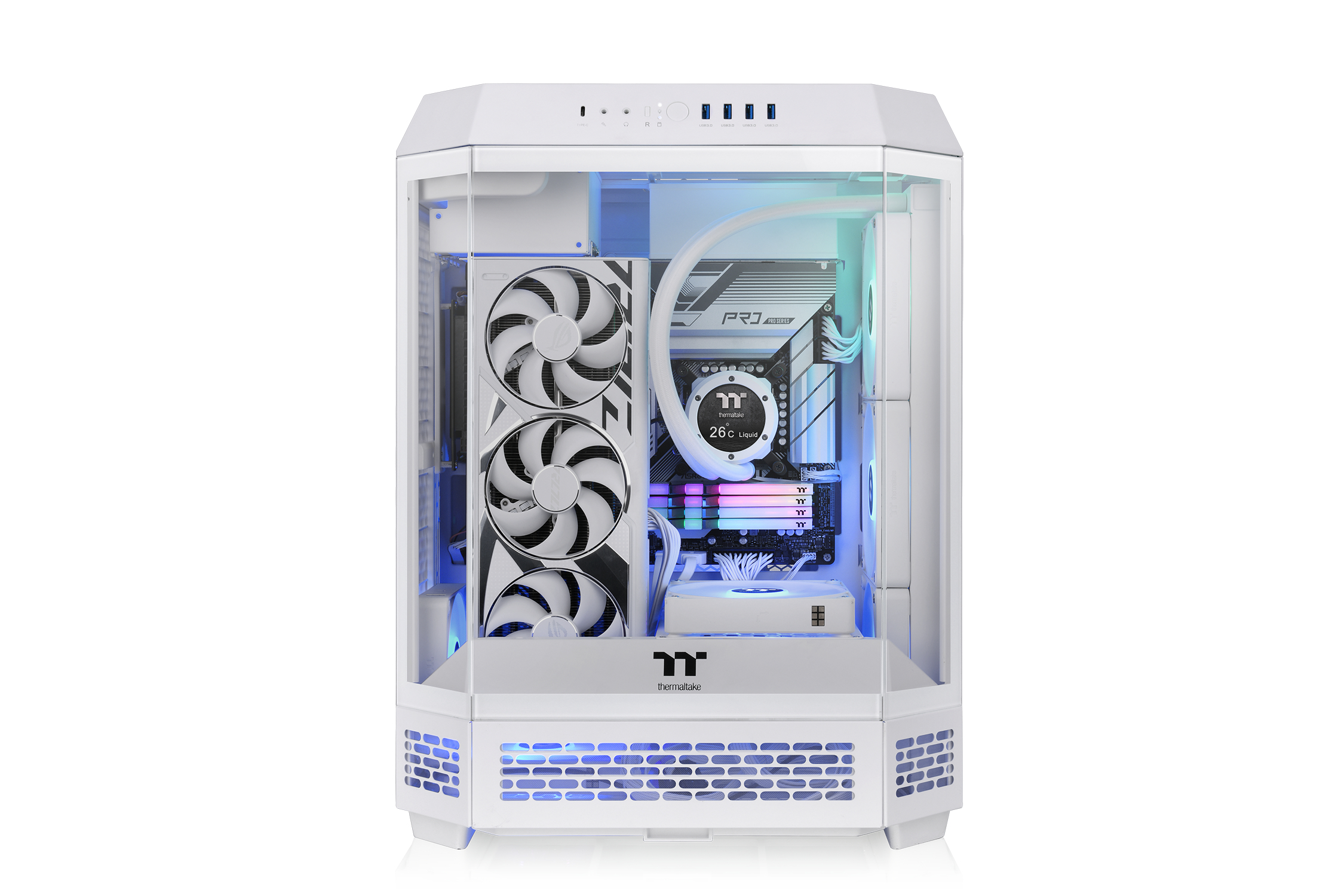 Un case per computer bianco con pannelli in vetro, che mostra un interno illuminato.