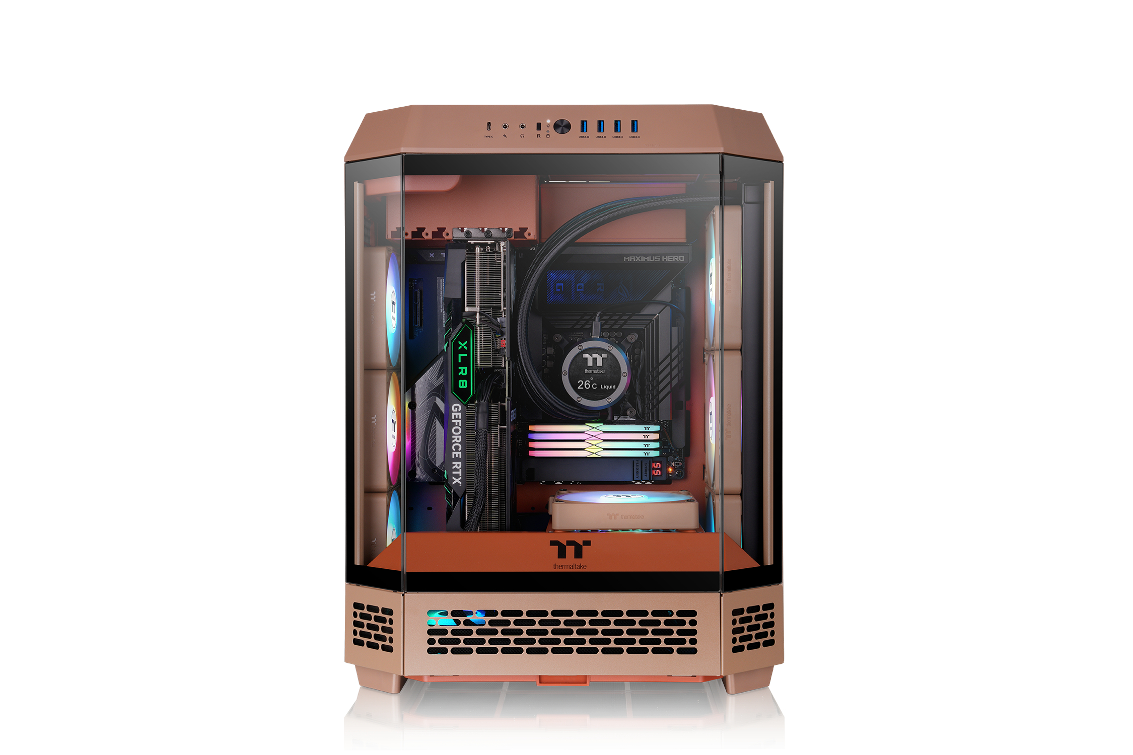 Un case per PC in rame con pannelli in vetro, che mostra GPU, dissipatore CPU e RAM.