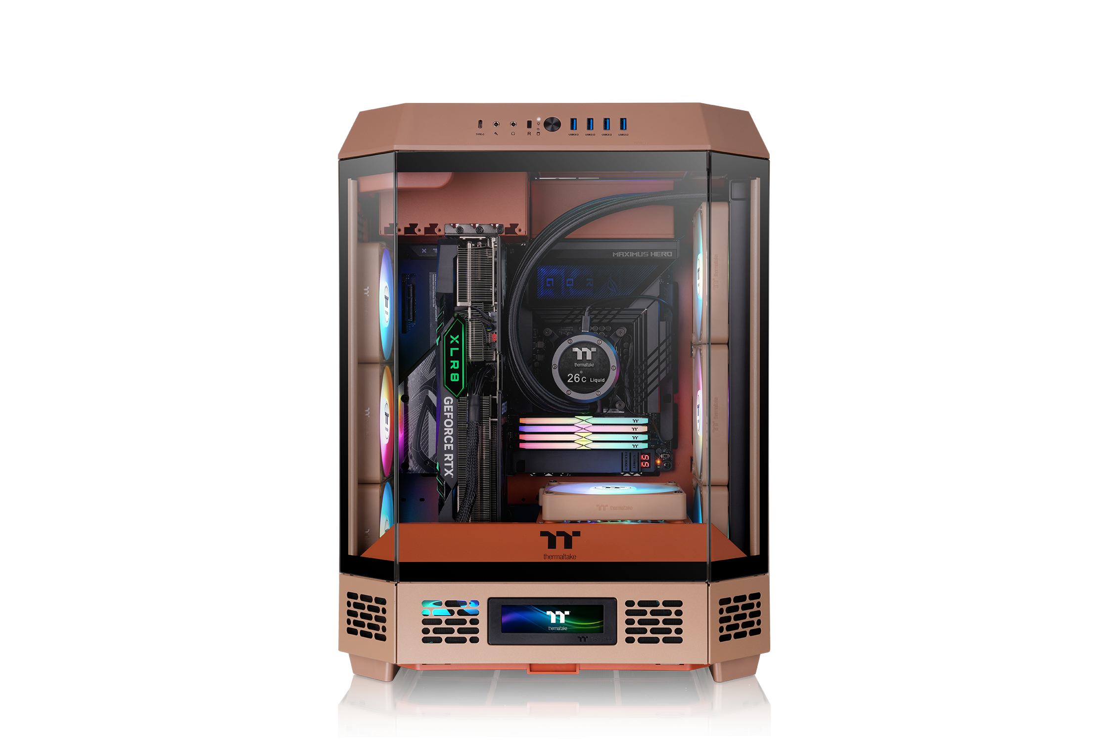 Un case PC color rame con pannelli in vetro che mostrano componenti interni e illuminazione RGB.
