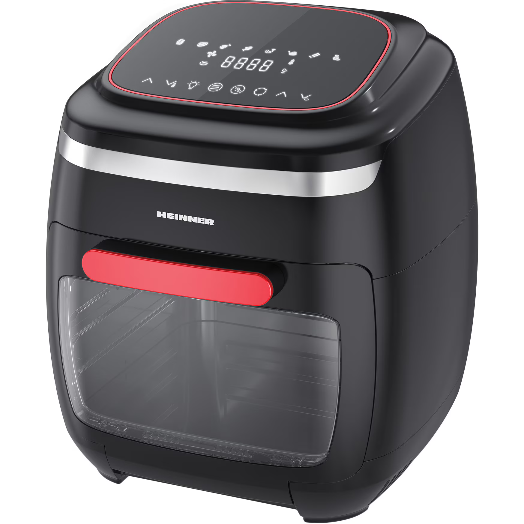 Zwarte Heinner airfryer oven met rood handvat en digitaal display.
