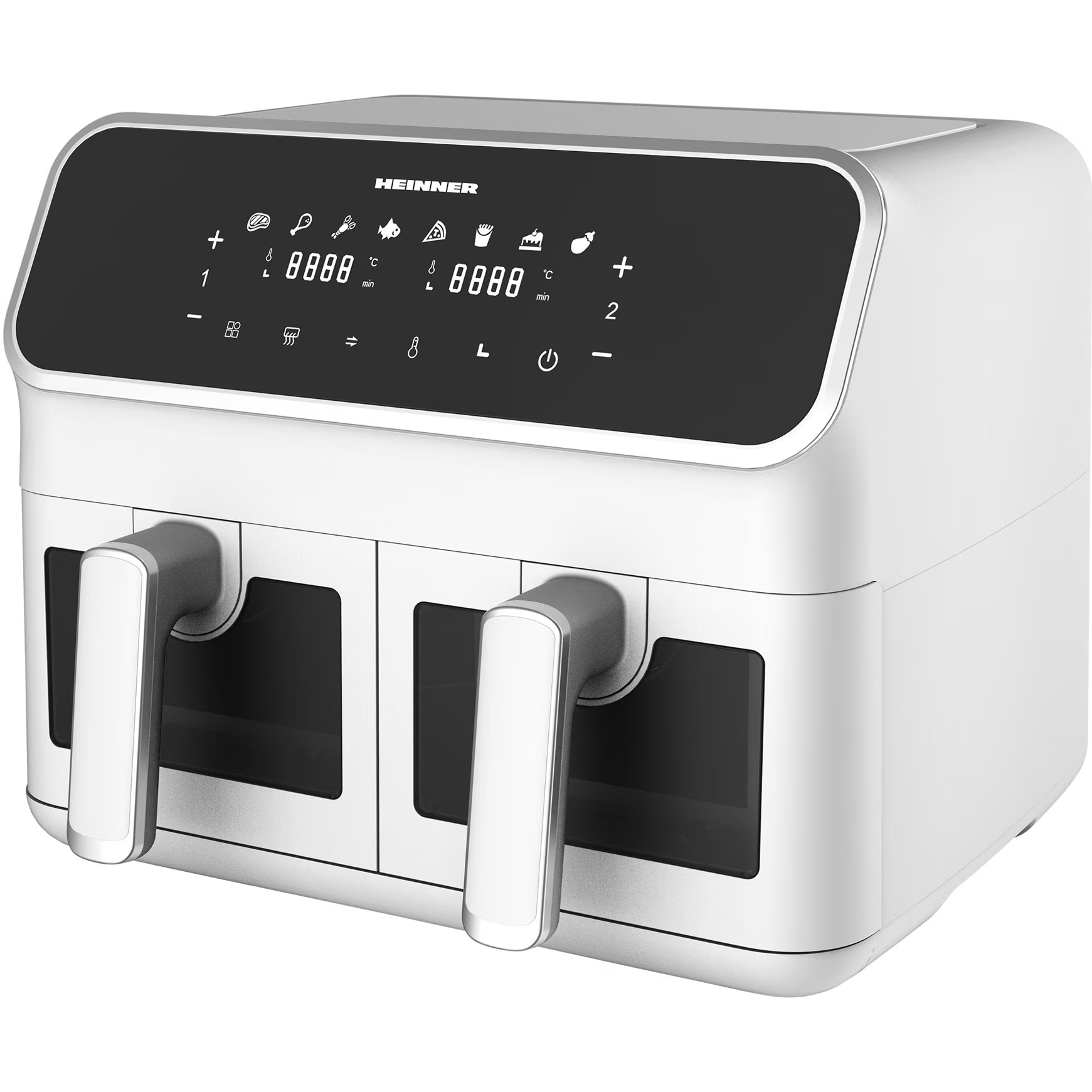 Ein weißer Heinner-Heißluftfritteuse mit Doppelkammer und digitalem Display.