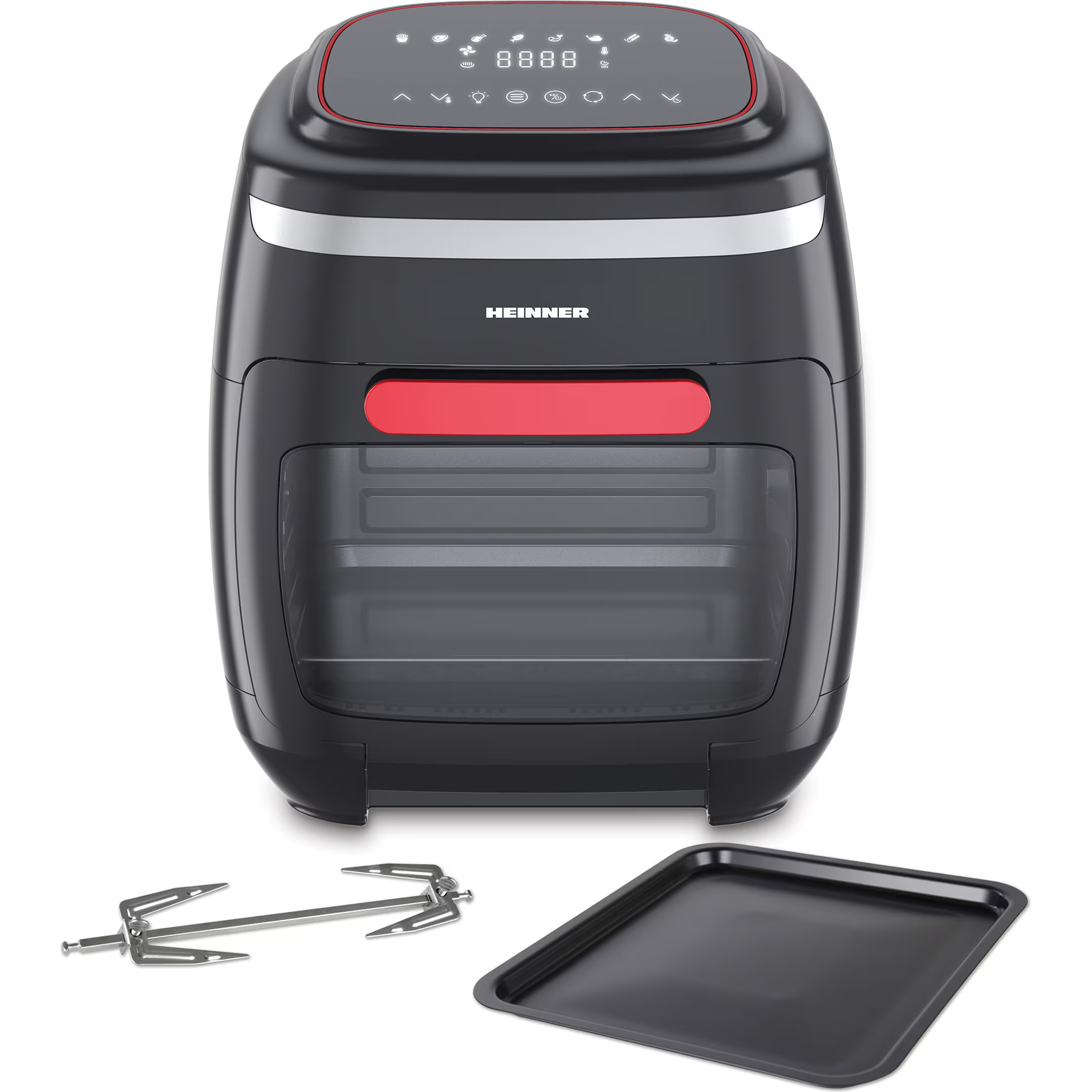 Zwarte airfryer met digitale bediening, braadspit en bakplaat.