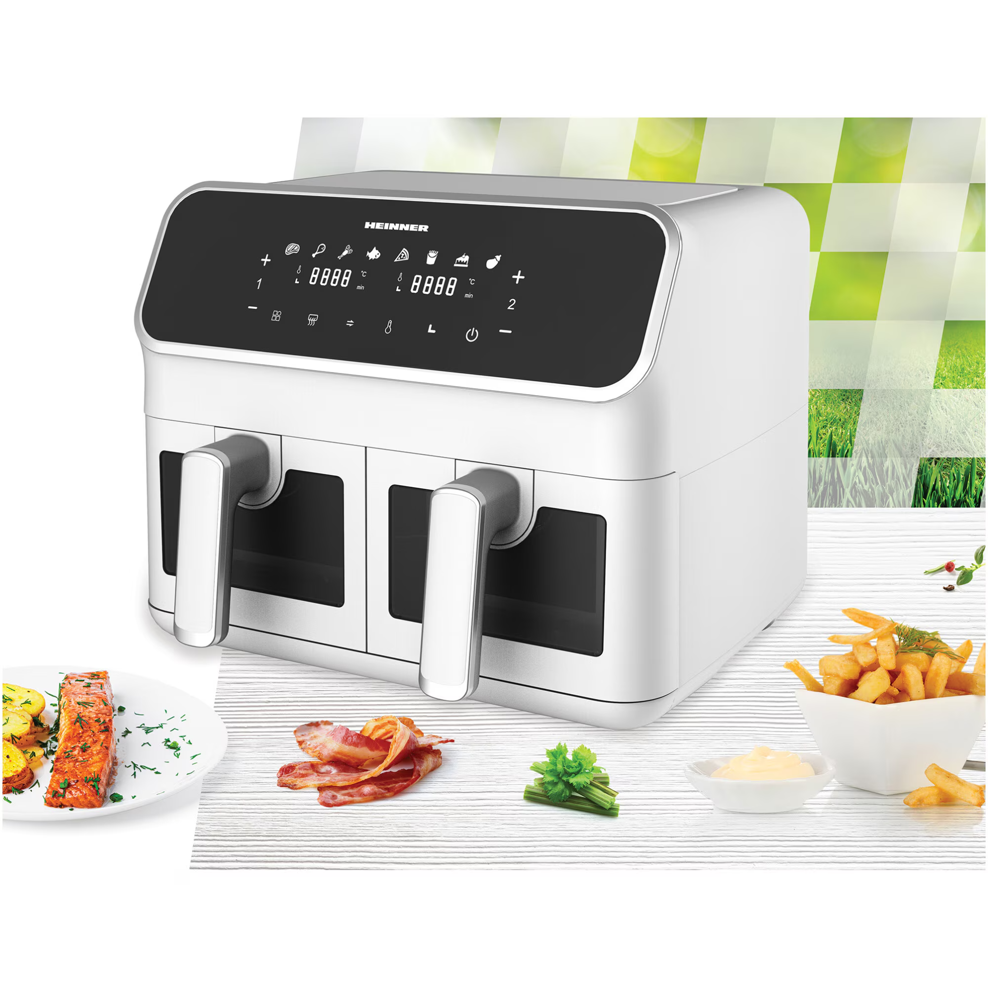 Weier Doppelluftfritteuse mit Touchscreen, daneben Lachs mit Kartoffeln, Speck und Pommes.