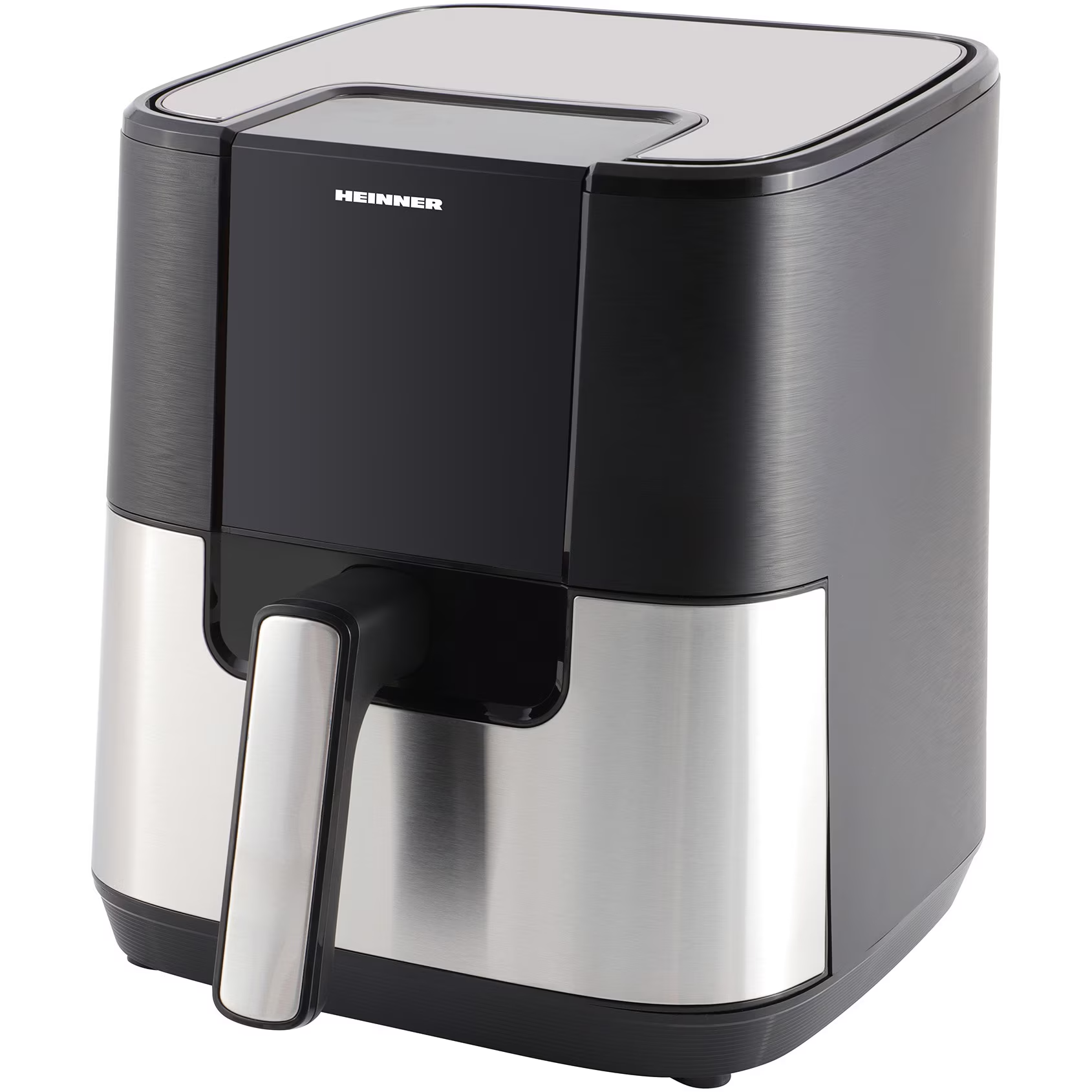Een zwarte en zilveren Heinner airfryer met een zilveren handvat.