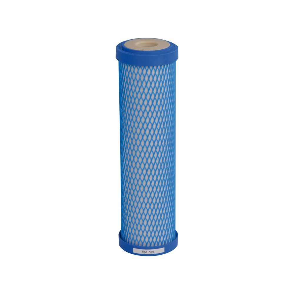 Un filtro acqua blu con motivo a rombi bianchi. Testo 'EM Puro' in basso.