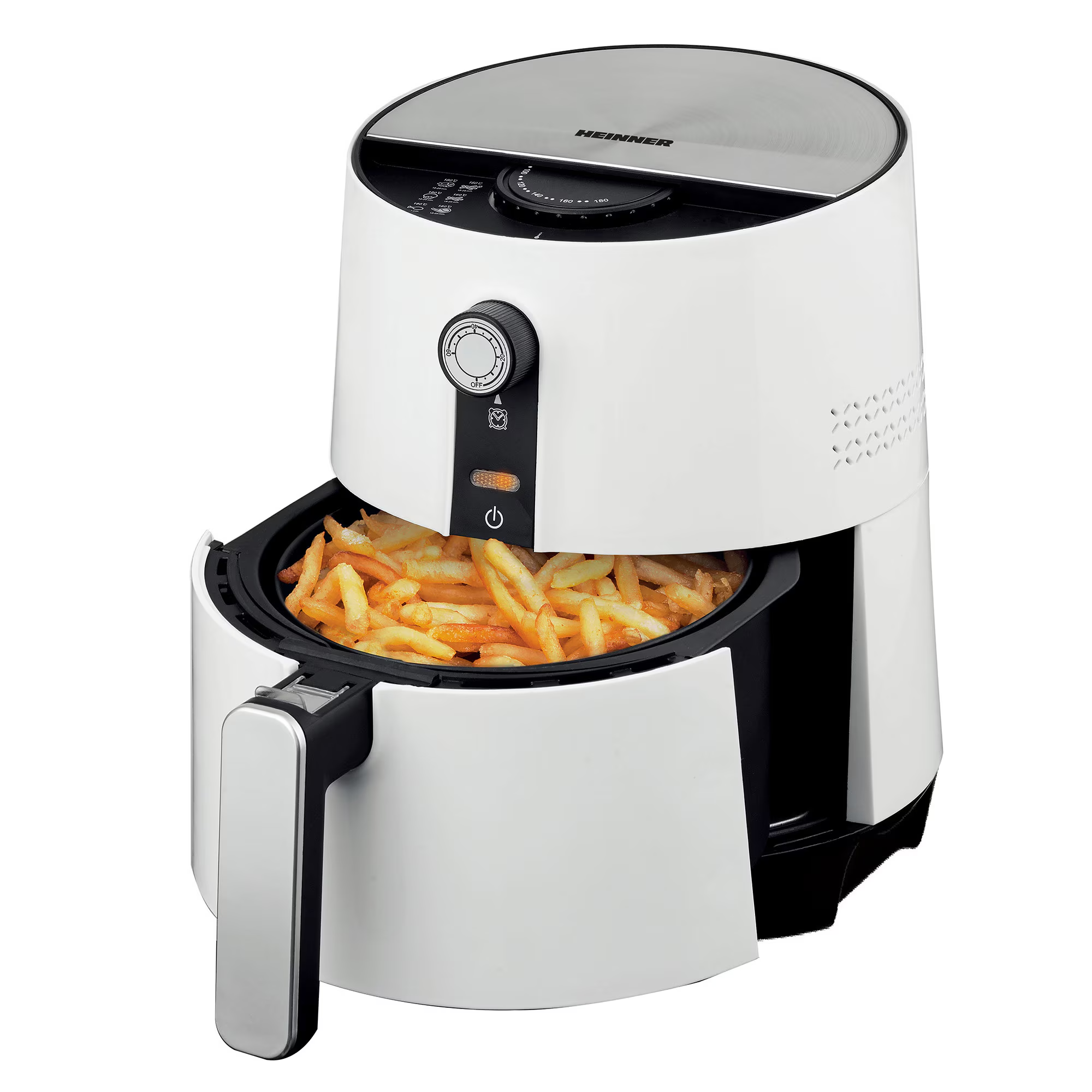 Eine weiße Heißluftfritteuse mit einem Korb voller goldbrauner Pommes Frites.