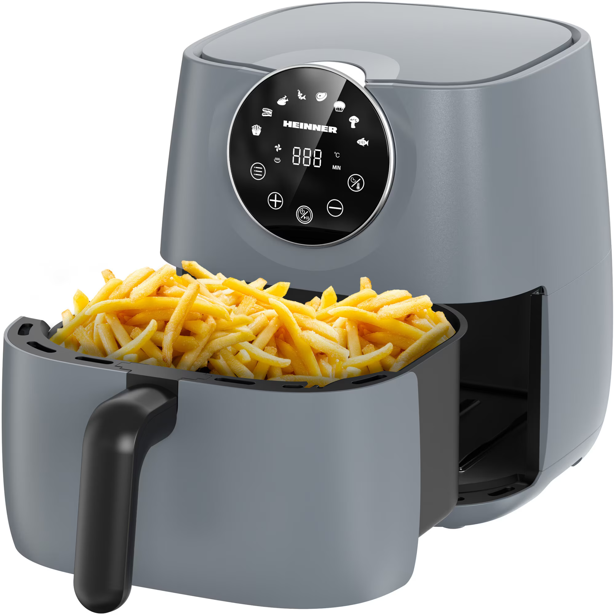 Grijze Heinner airfryer met een volle mand frietjes.