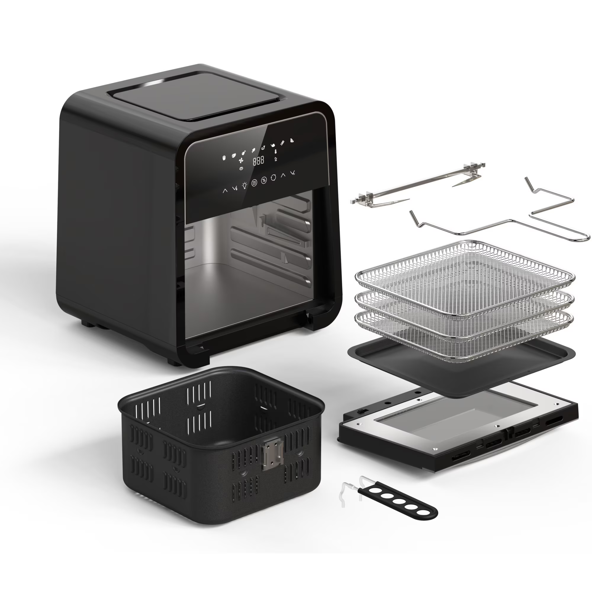 Een zwarte airfryer set met accessoires op een witte achtergrond.