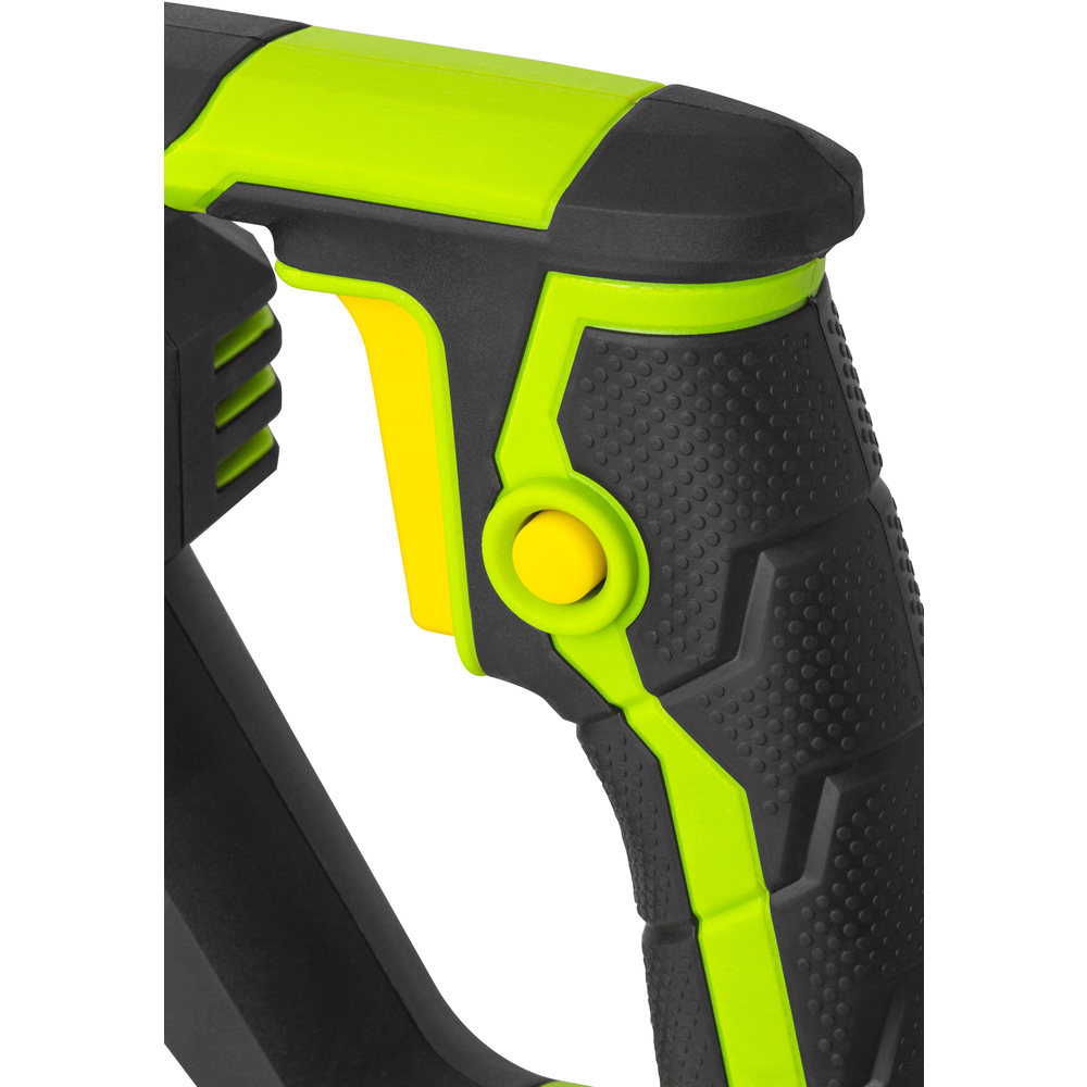 Primo piano di un manico nero con accenti verde neon e un pulsante giallo.