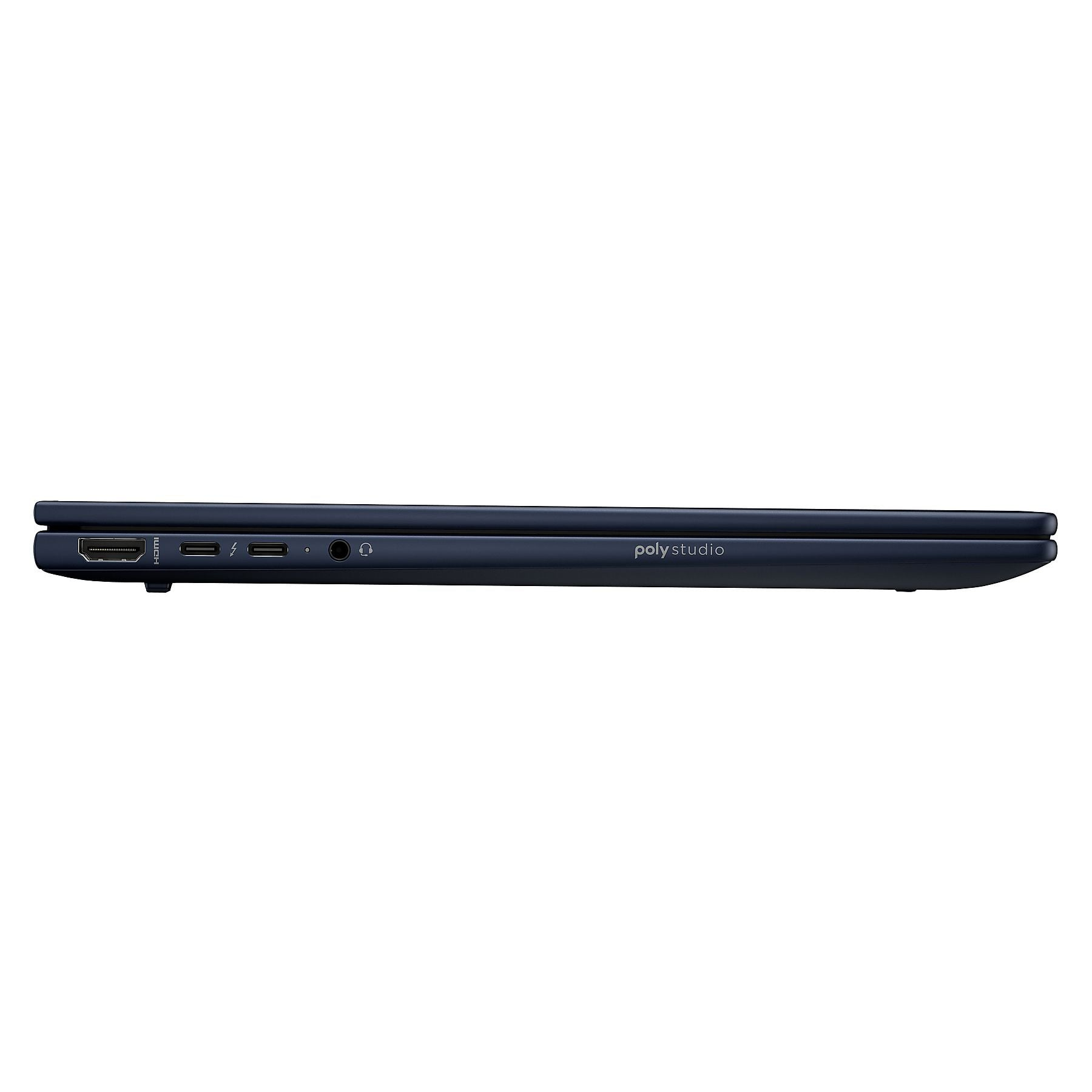 Laptop blu scuro vista laterale con HDMI, USB-C, jack audio e logo.