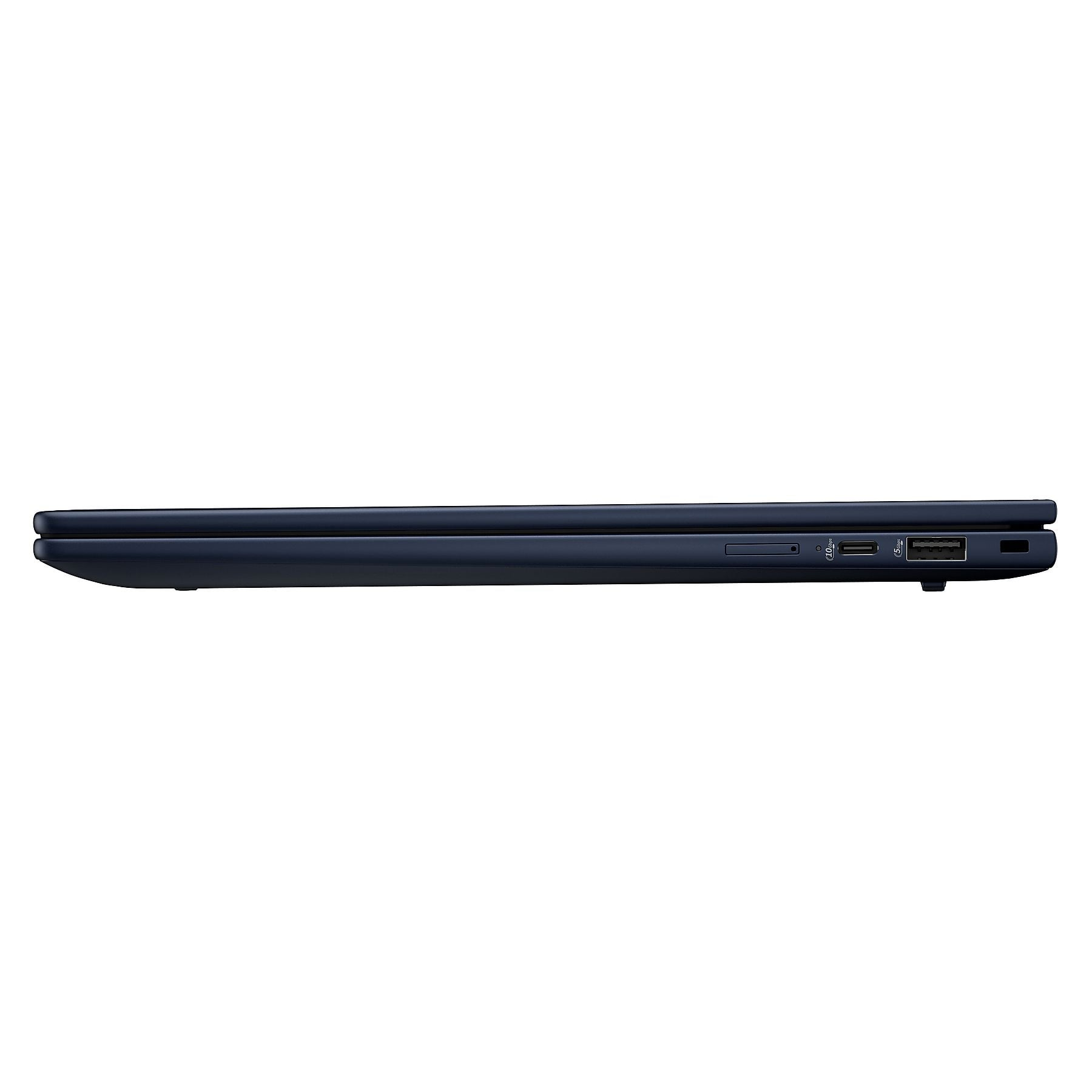 Laptop blu scuro di profilo, con slot USB e schede SD.