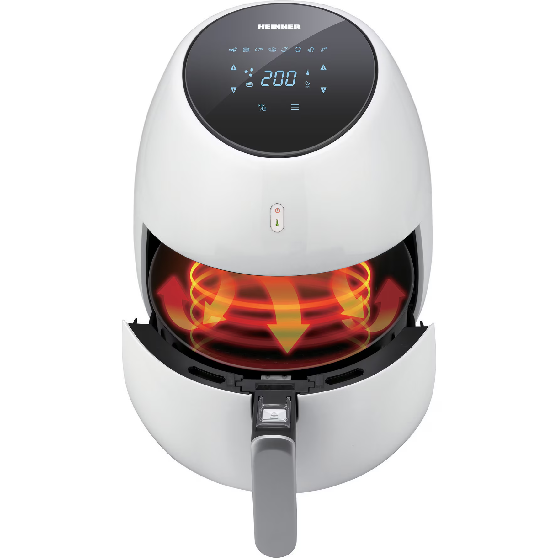 Ein weißer Heinner Airfryer mit offenem Korb und roten/gelben Heizpfeilen.
