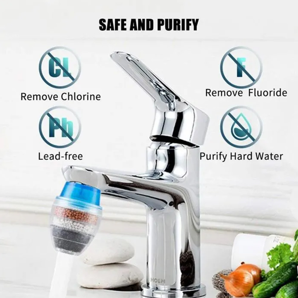 Ein Wasserhahn mit einem Wasserfilter, der Chlor, Fluorid und Blei entfernt.