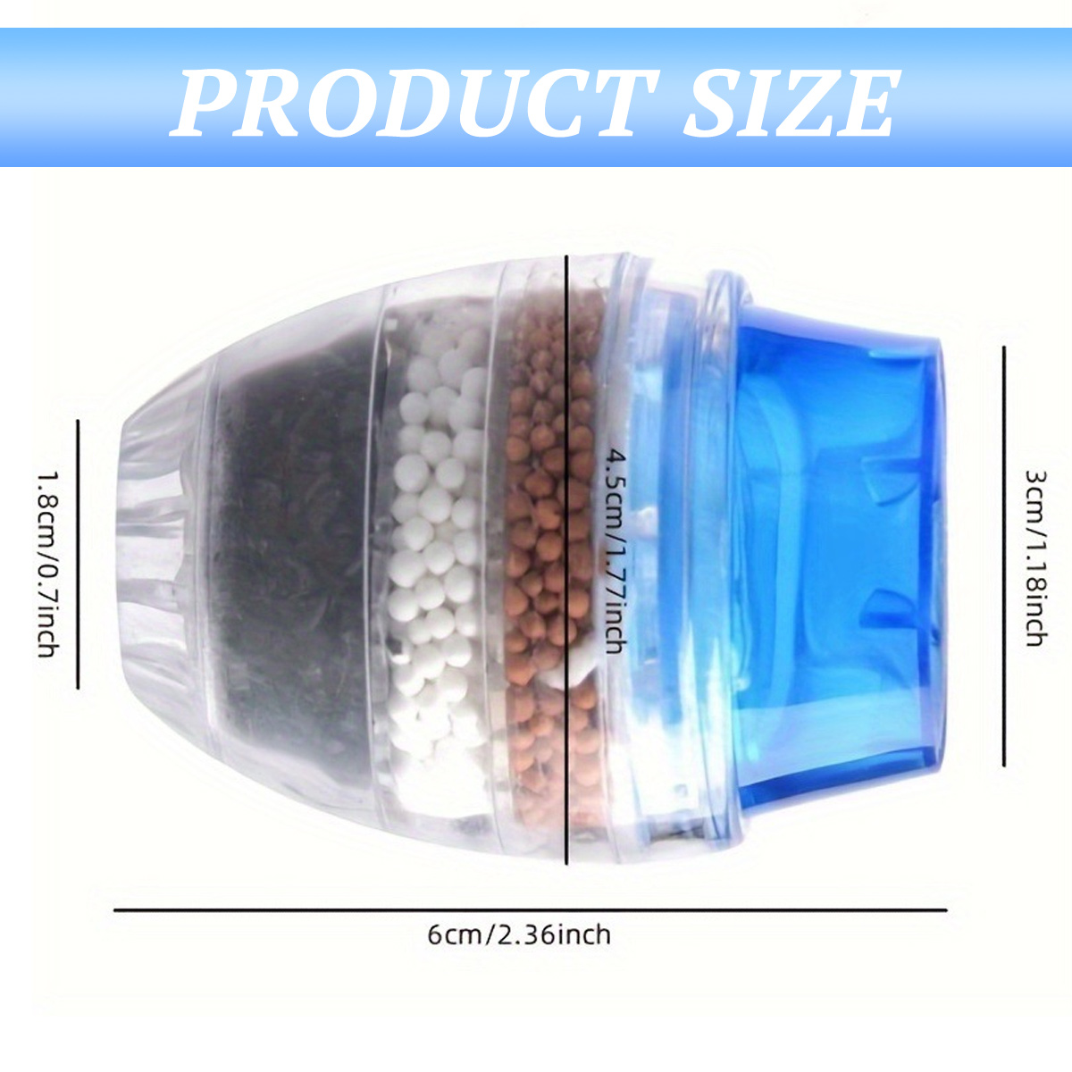 Produktgrößen-Diagramm eines Wasserfilters mit Abmessungen.