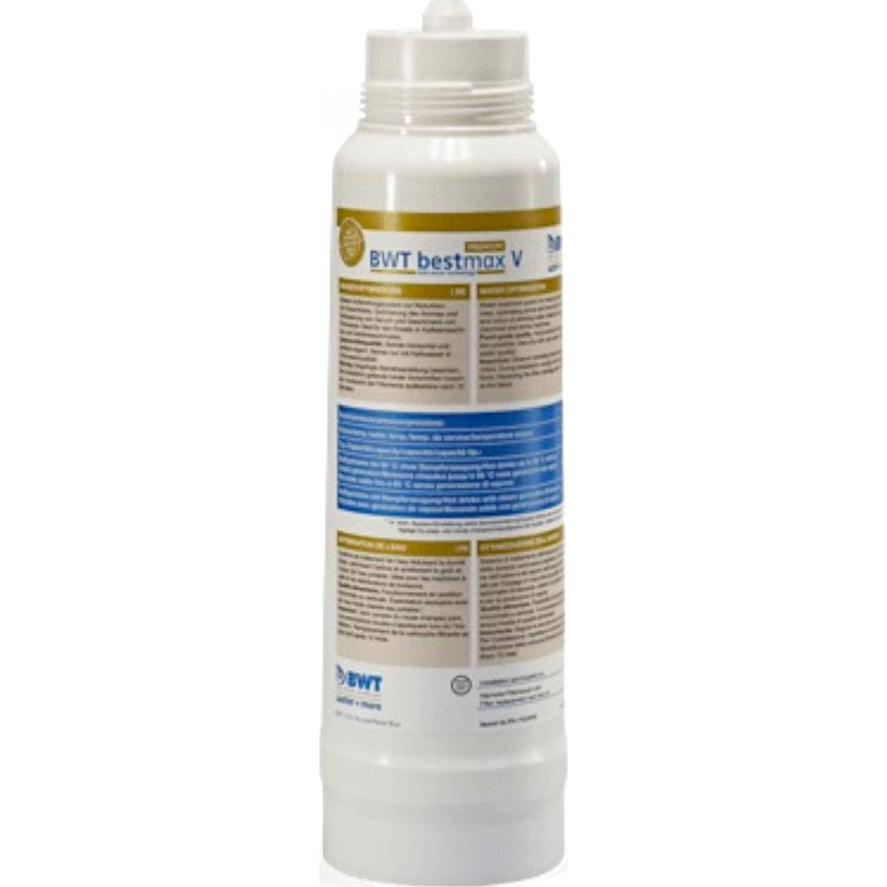 Una cartuccia filtro acqua bianca con etichetta blu e oro.