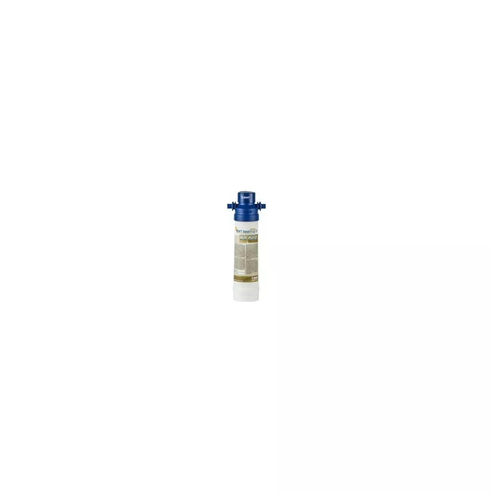 Un filtro acqua blu con base ed etichetta bianche.