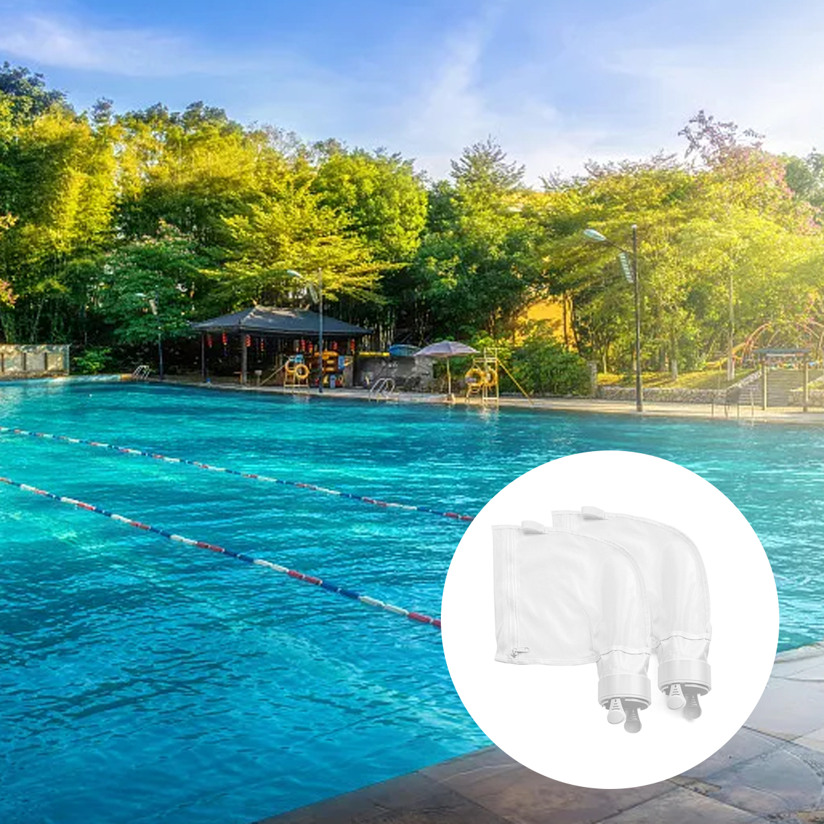 Ein Schwimmbecken mit Bahnen und zwei weiße Filterbeutel in einem Kreis.