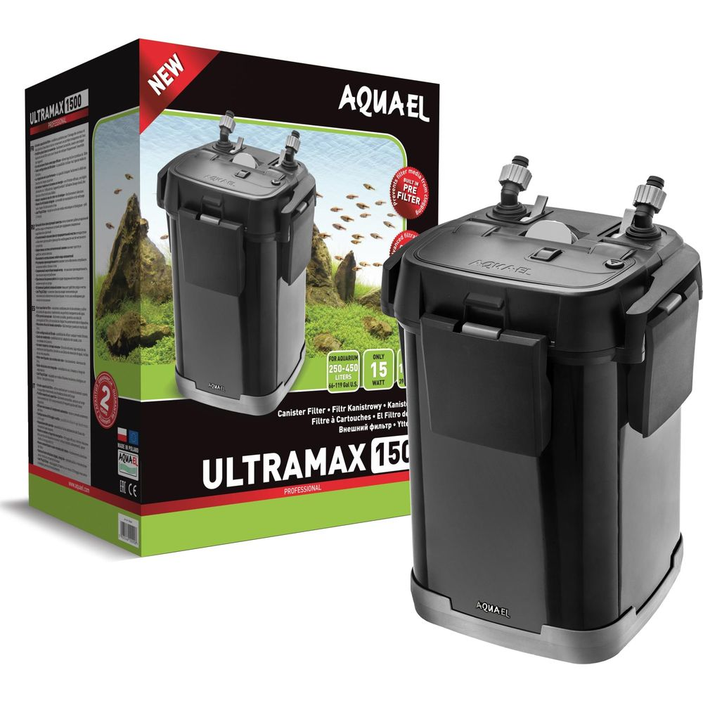 Filtro per acquario Aquael Ultramax 1500 nero con accessori e confezione.