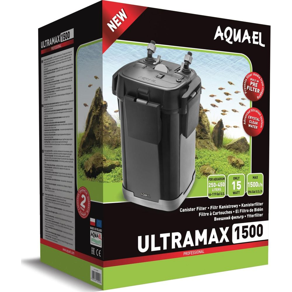 Filtro per acquario Aqua-El Ultramax 1500 Professional su confezione con pesci e piante.