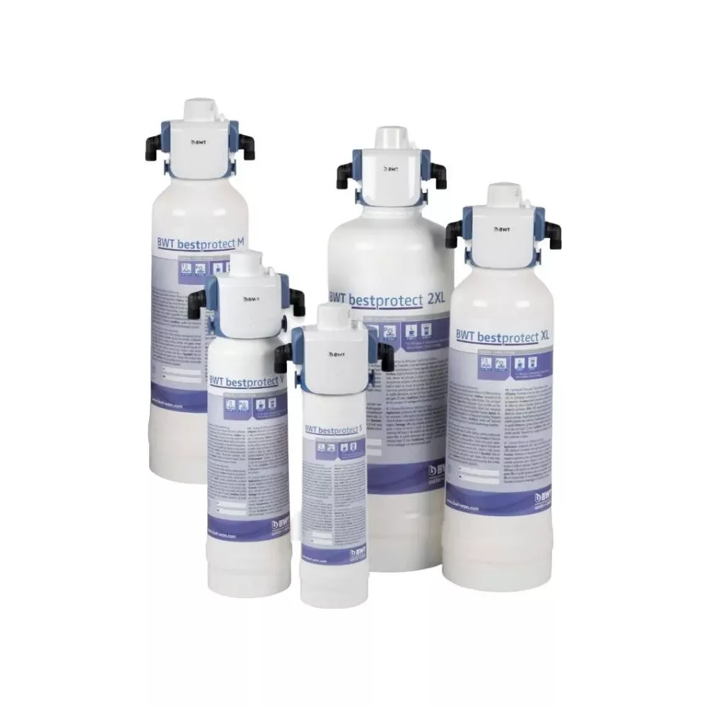 Cinque filtri dell'acqua BWT bianchi di varie dimensioni, etichettati con testo blu e viola.