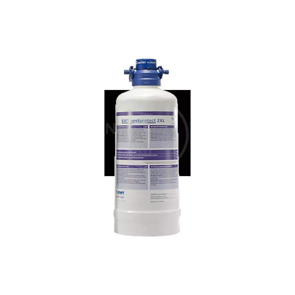 Un filtro dell'acqua bianco con tappo blu ed etichettatura.
