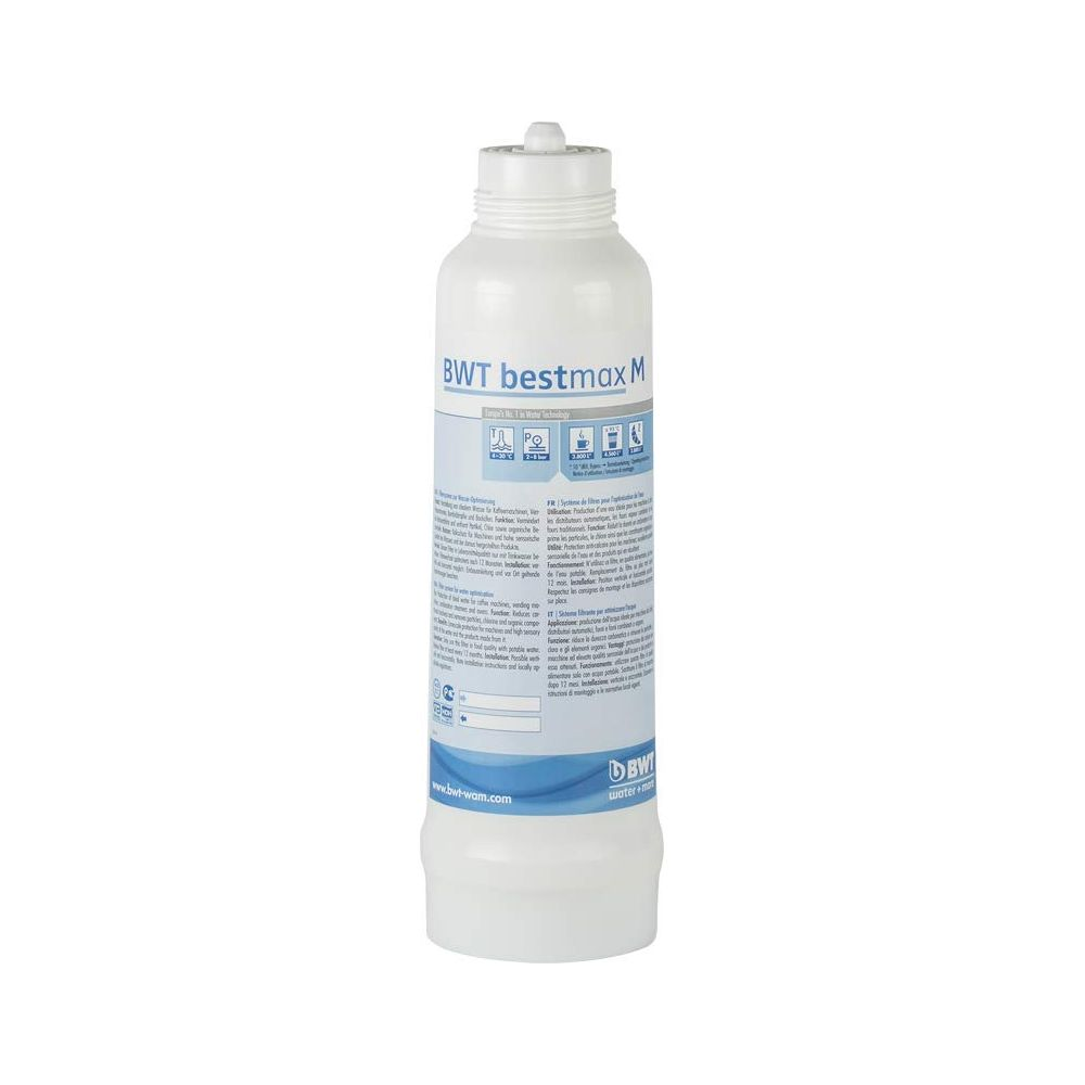 Un filtro acqua bianco con logo BWT bestmax M e istruzioni d'uso.