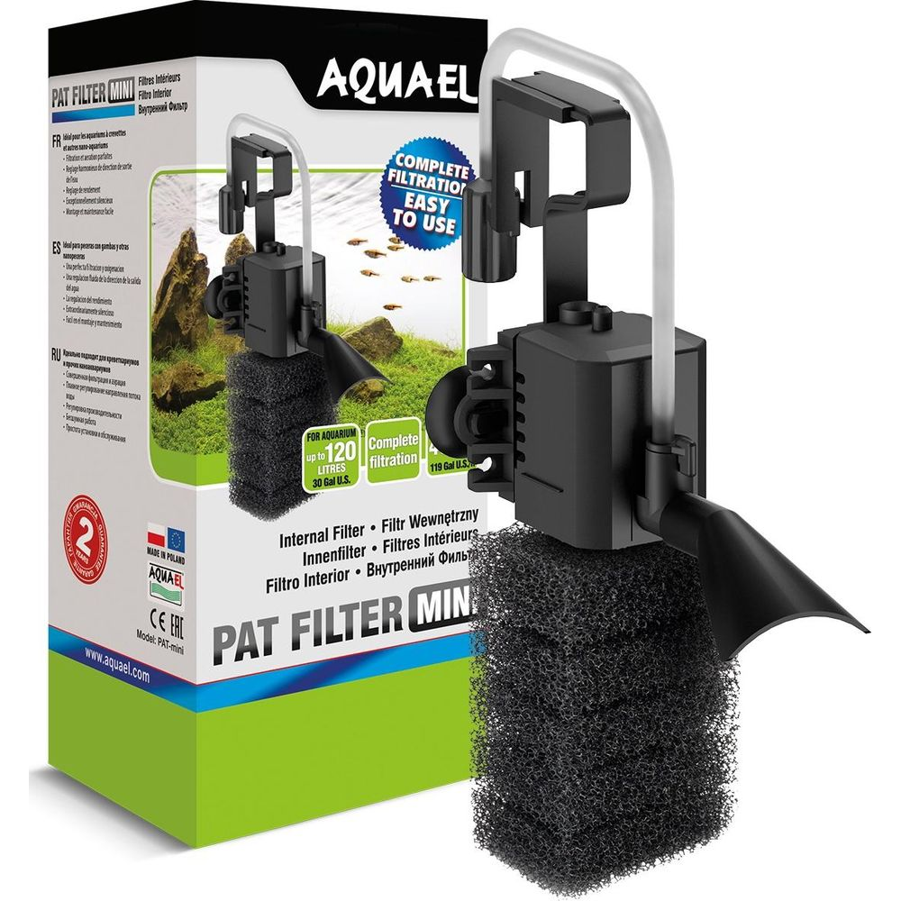 Un filtro interno AQUAEL Pat Filter Mini con spugna nera per acquari.