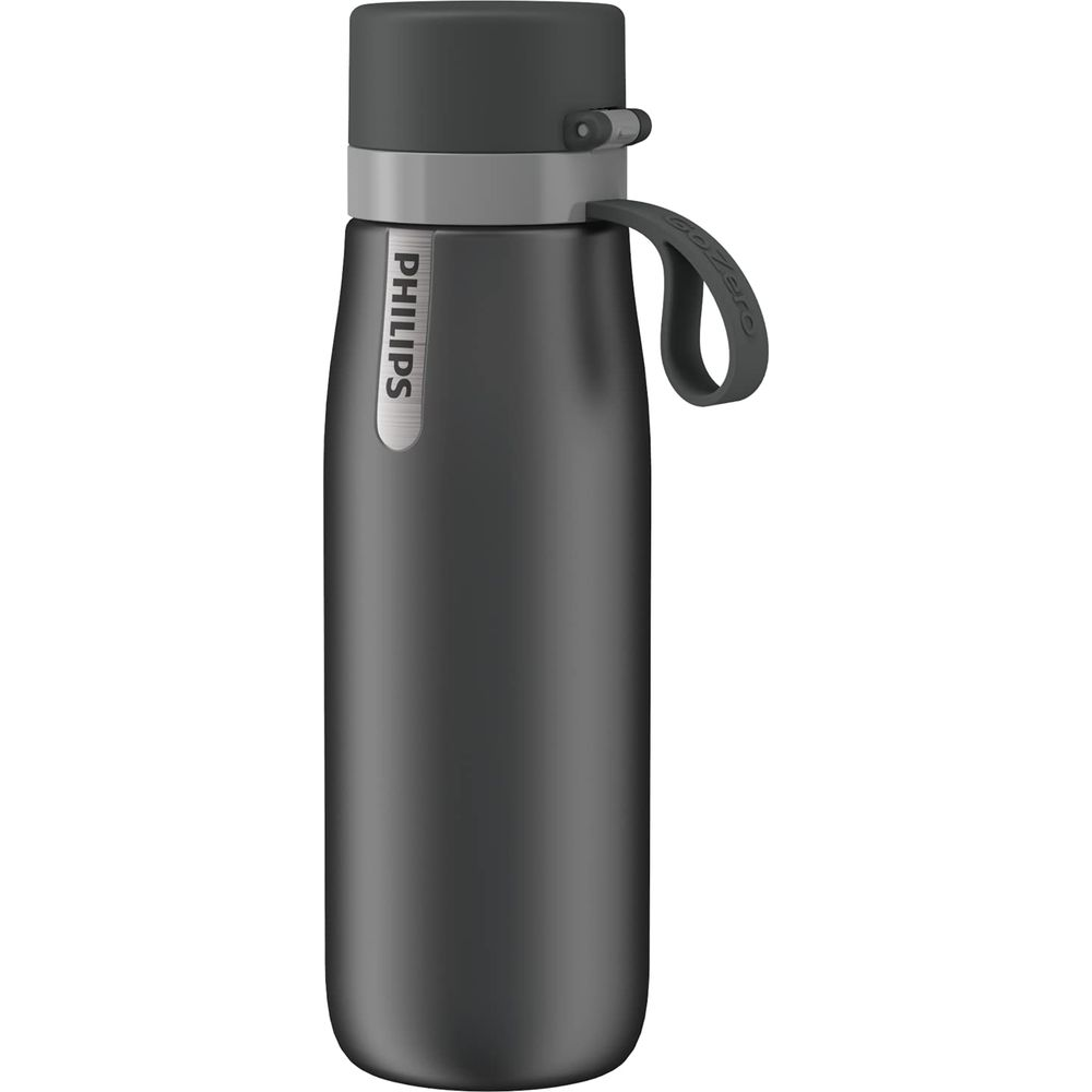Thermos grigio scuro con logo PHILIPS e manico. Sfondo bianco.
