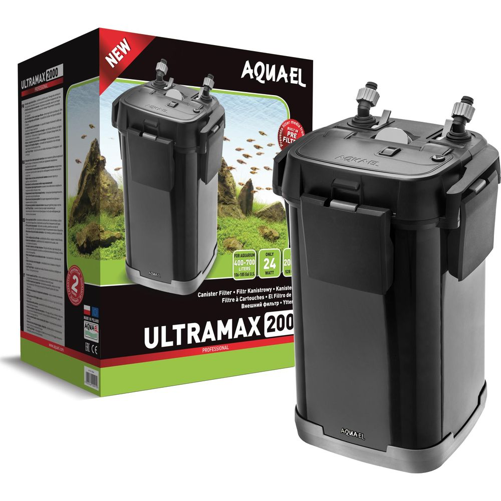 Un filtro esterno nero Aquael Ultramax 200 è mostrato accanto alla sua scatola, che presenta grafiche di acquario.