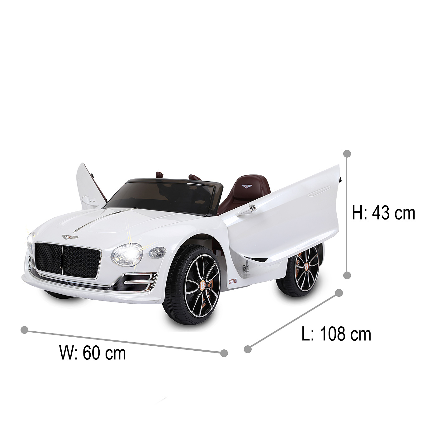 Ein weißes Spielzeugauto mit geöffneten Türen, Maße L 108 cm, B 60 cm, H 43 cm.