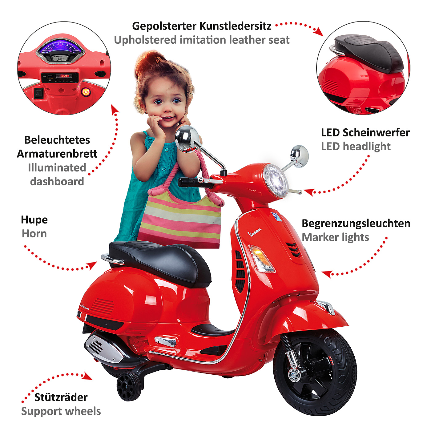 Monopattino giocattolo rosso con bambina, cruscotto illuminato e ruote di supporto.