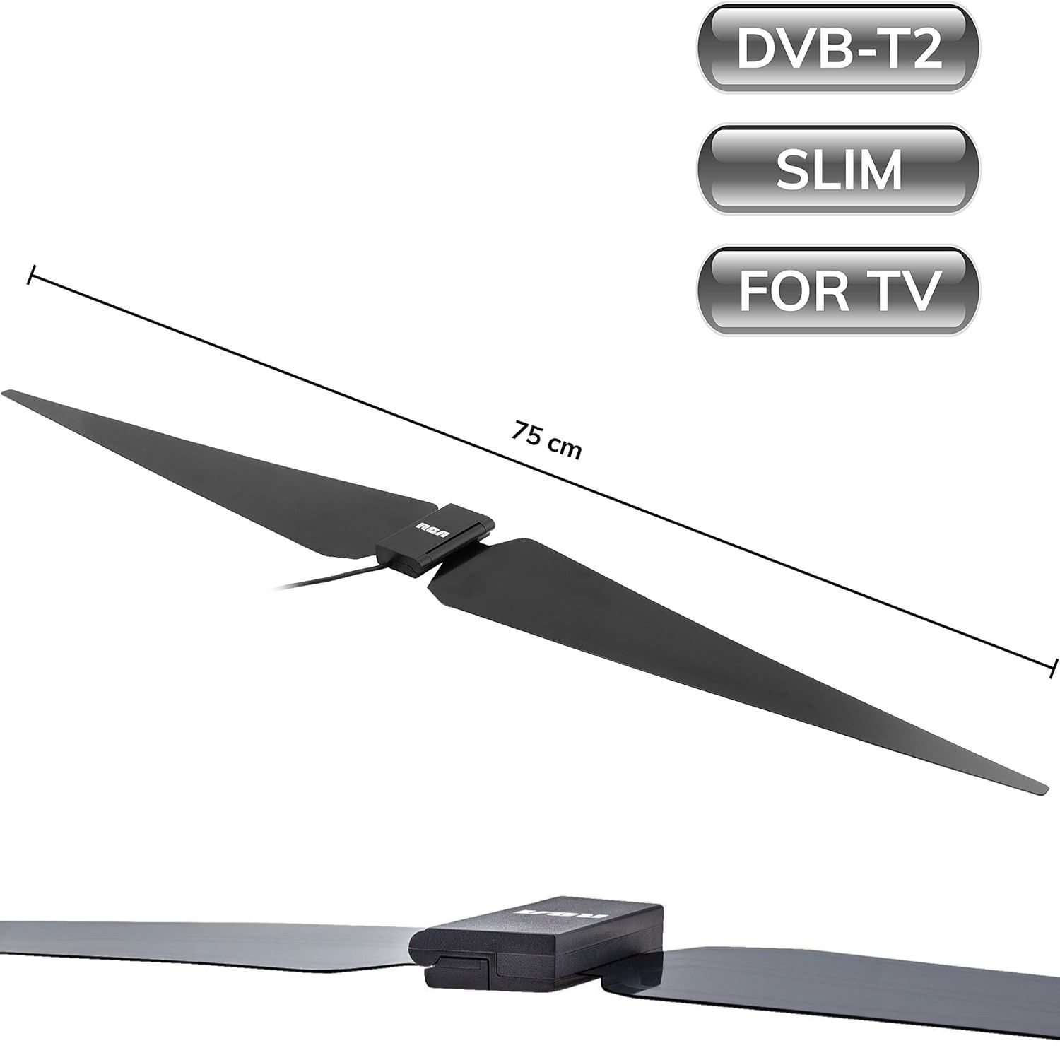 Schwarze DVB-T2 Slim TV-Antenne, 75 cm lang, mit RCA-Logo auf dem Empfänger.