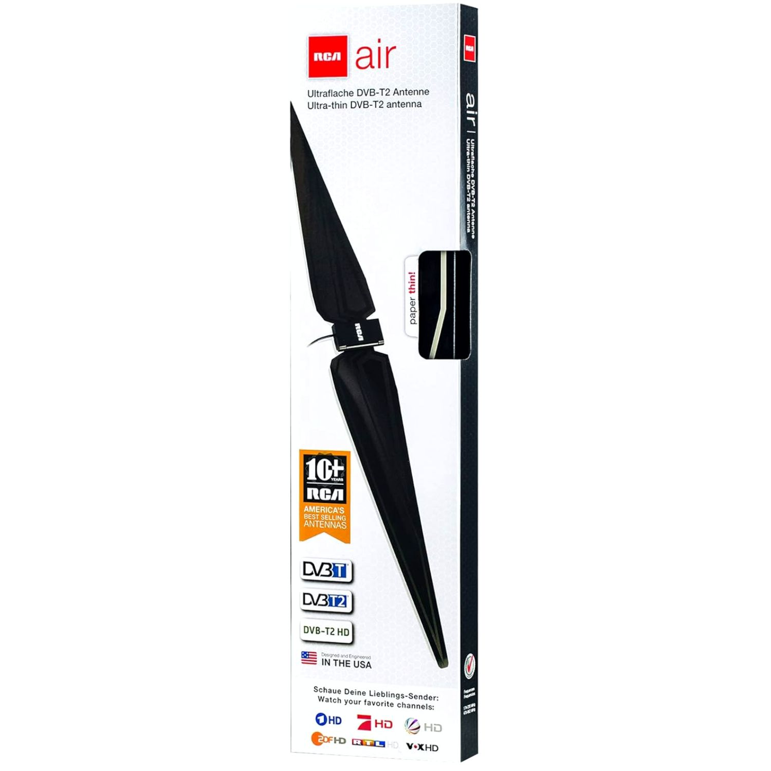 Verpackung einer RCA Ultraflache DVB-T2 Antenne mit schwarzem Antennendesign.
