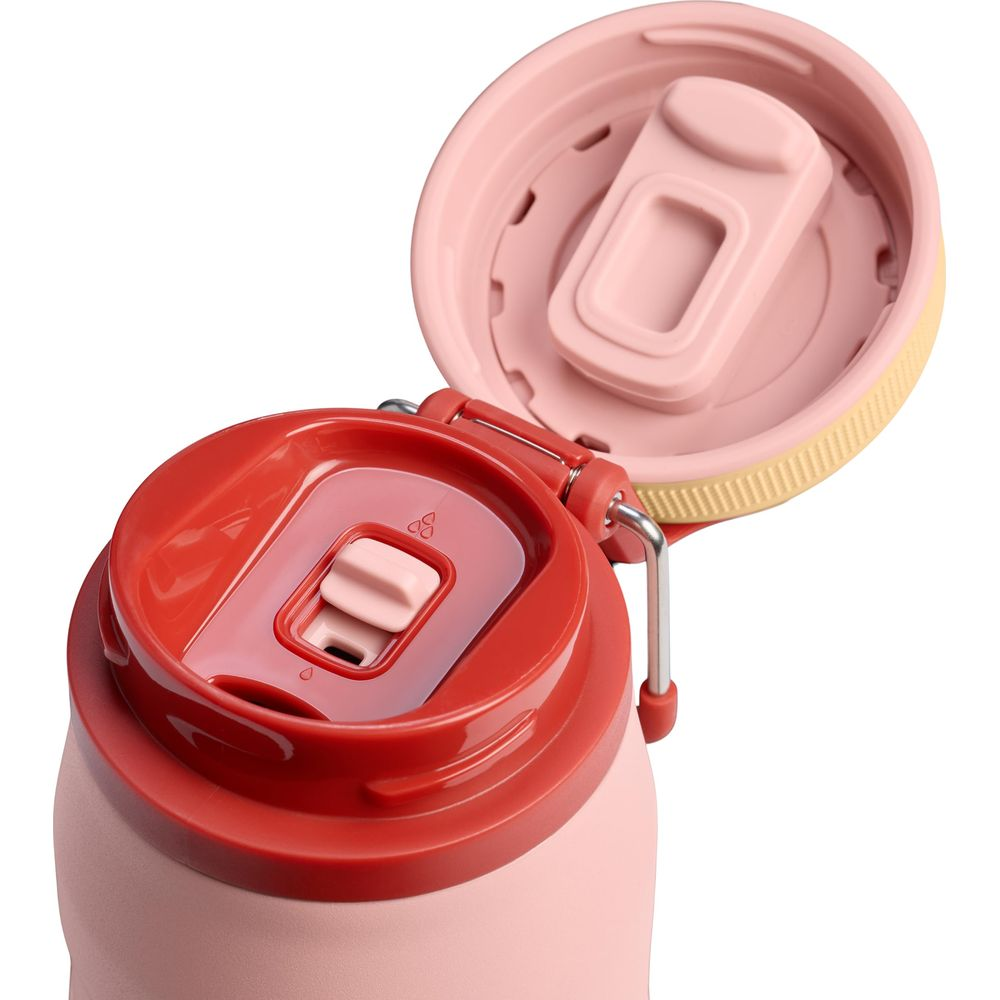 Pembe ve kırmızı açık termos, pembe kapaklı ve mekanizmalı.