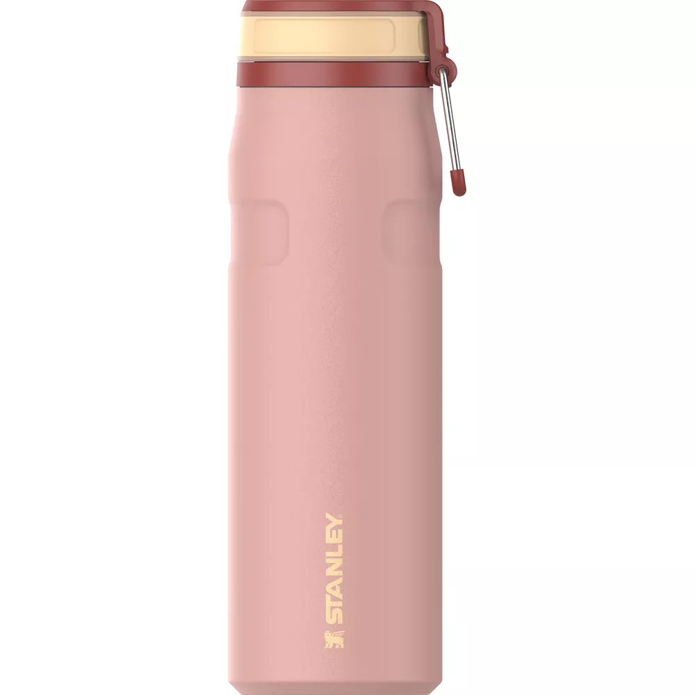 Sarı ve kırmızı kapaklı pembe Stanley şişe, saplı.