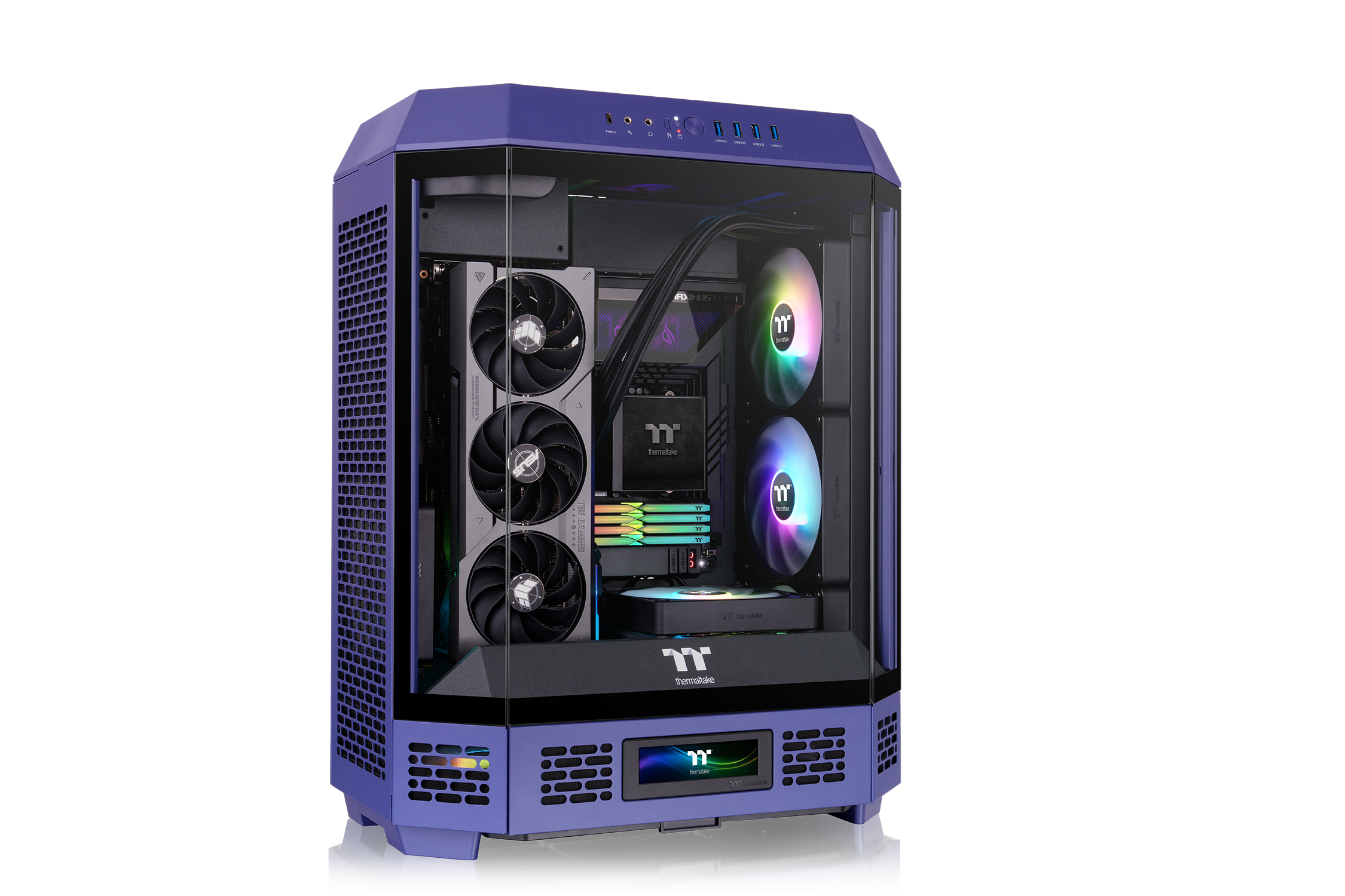 Un case per computer viola con frontale in vetro e componenti interni visibili.