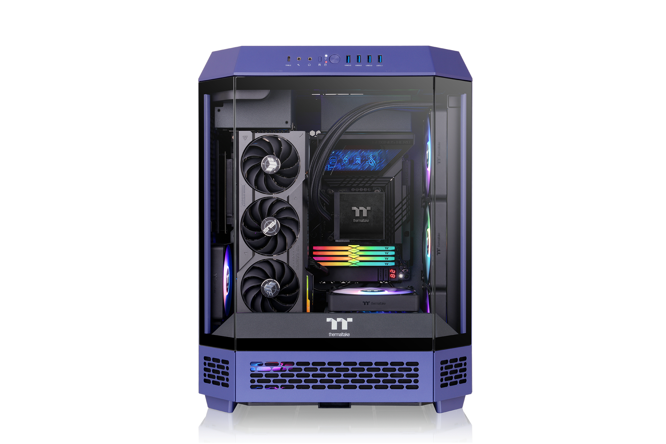 Case PC viola con pannello laterale in vetro, mostra componenti come ventole, RAM e scheda madre.