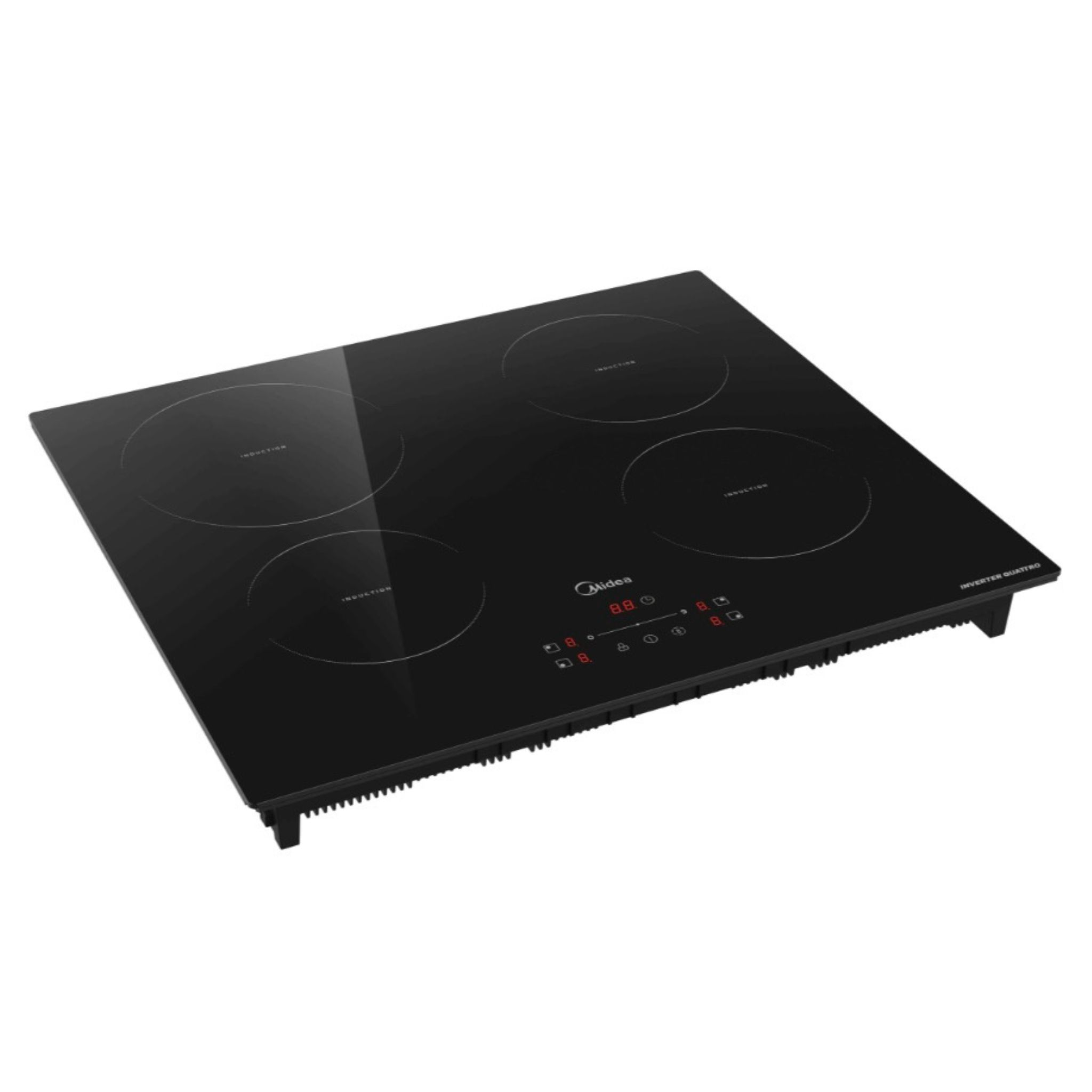Plaque à induction noire avec quatre zones de cuisson et commandes numériques.