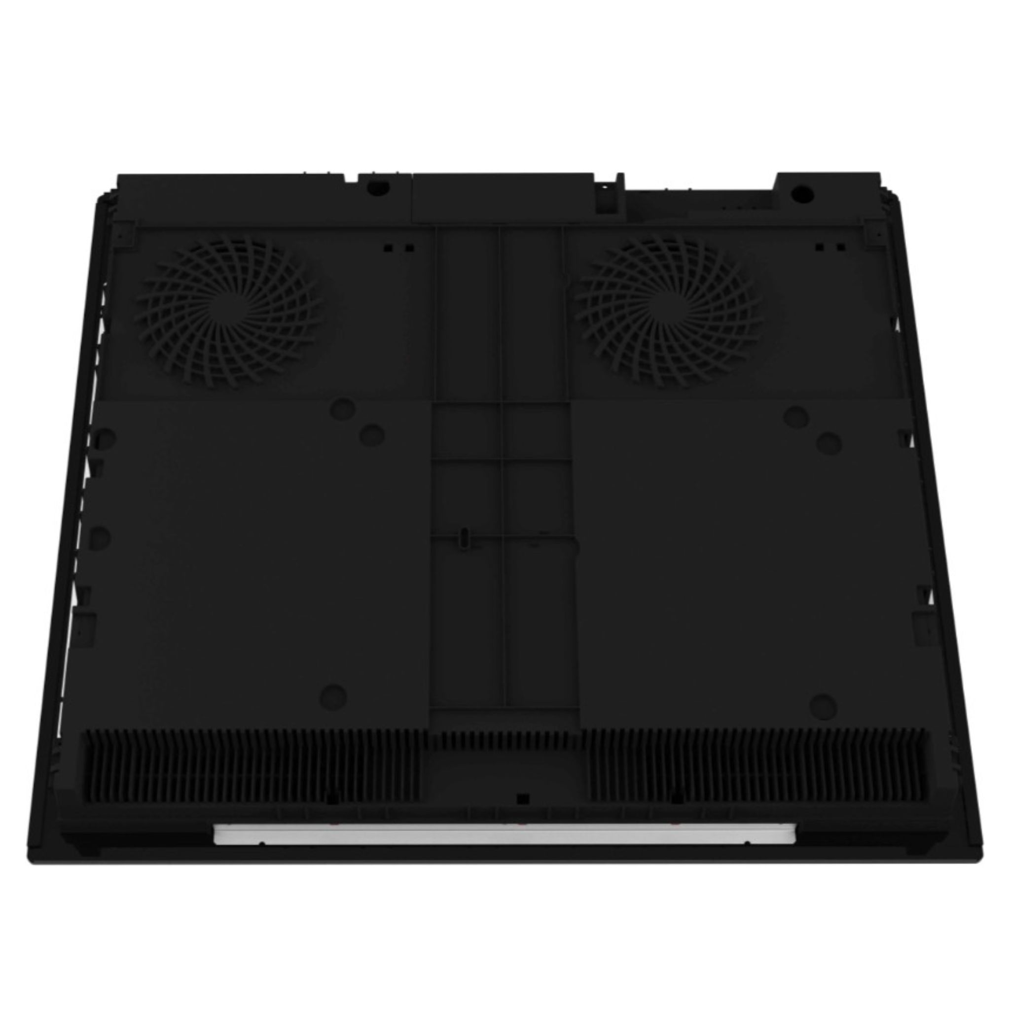 Dessous d'une plaque à induction noire montrant des ventilateurs et des fentes d'aération.